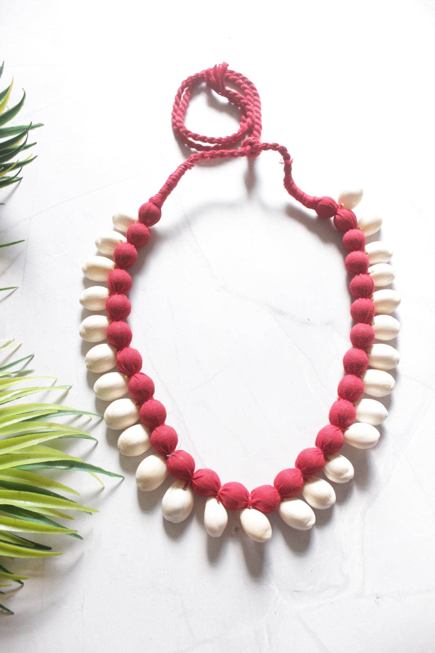 Cowrie Shells Braided with Red Fabric Beads Necklace