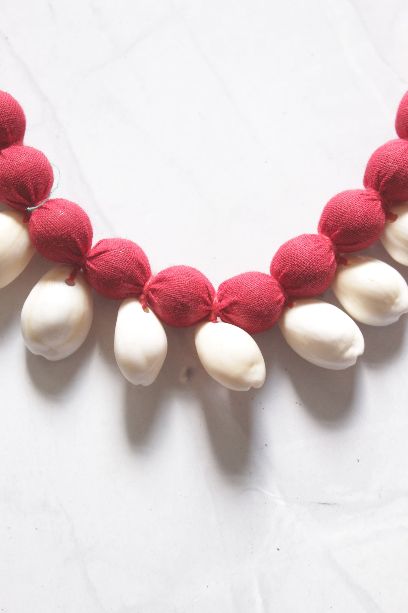 Cowrie Shells Braided with Red Fabric Beads Necklace