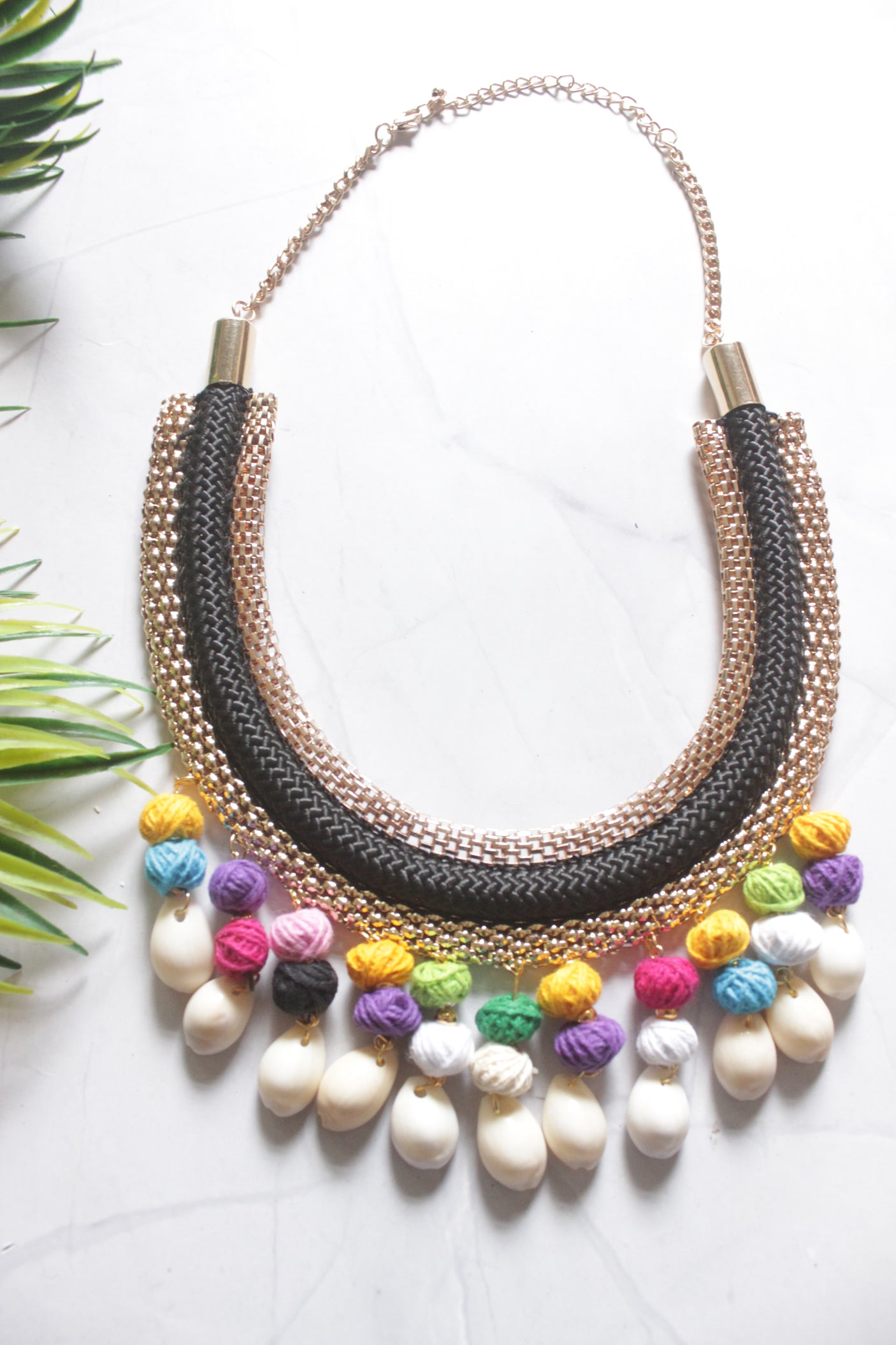 Vibrant Fabric Beads and Cowrie Shells Boho Necklace