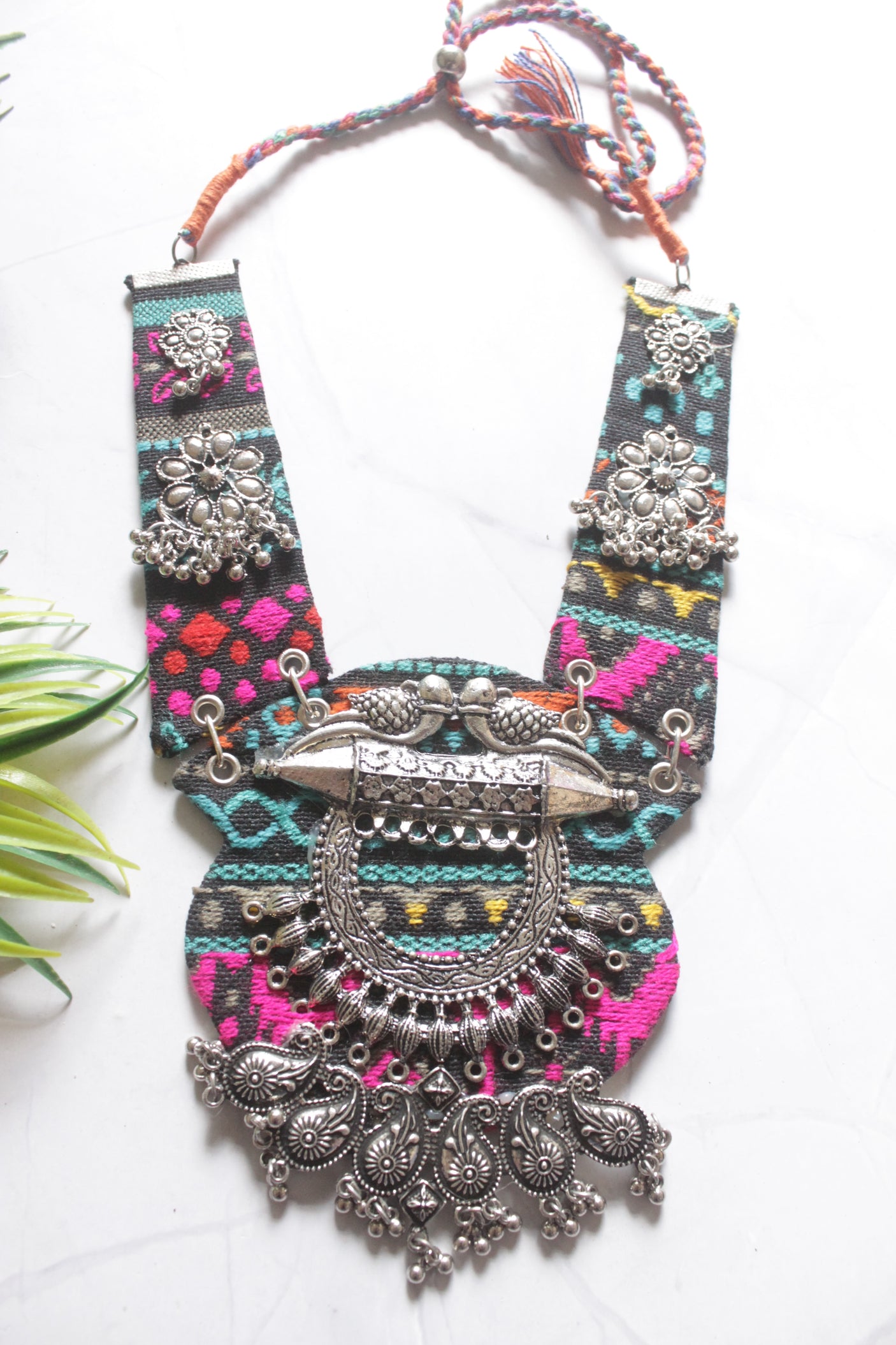 Black and Multi-Color Hand Embroidered Collar Necklace with Metal Accents