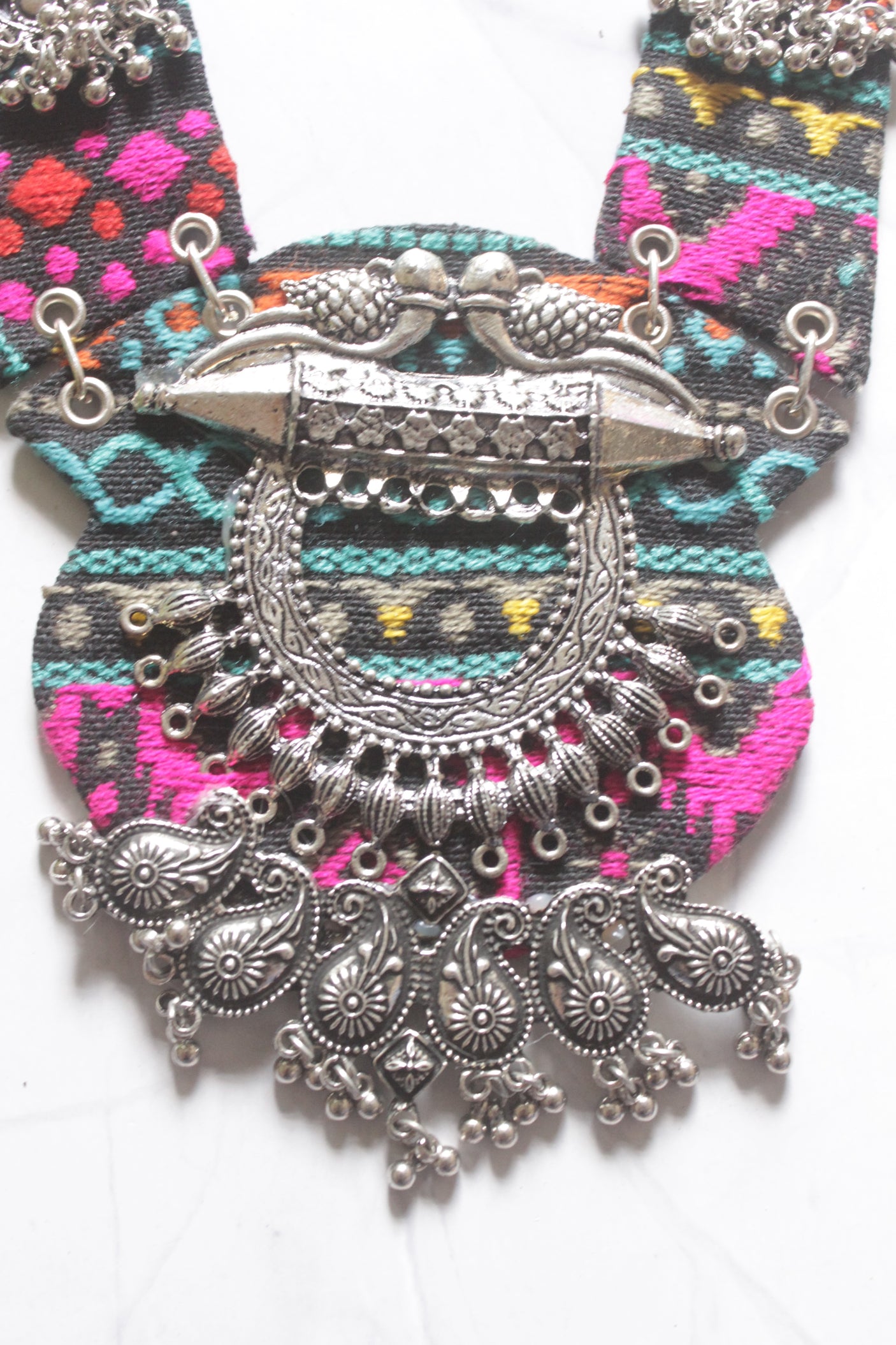 Black and Multi-Color Hand Embroidered Collar Necklace with Metal Accents