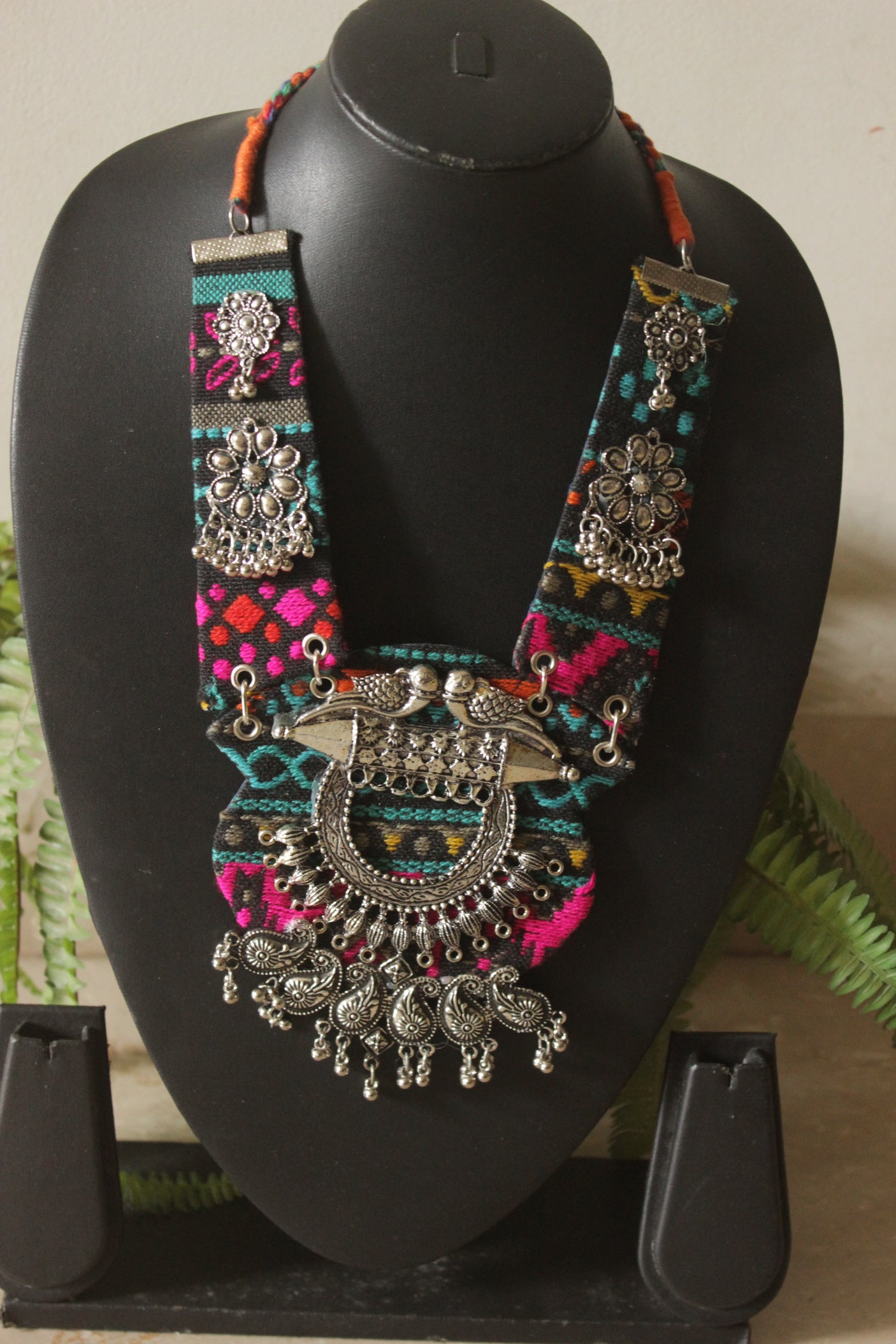 Black and Multi-Color Hand Embroidered Collar Necklace with Metal Accents
