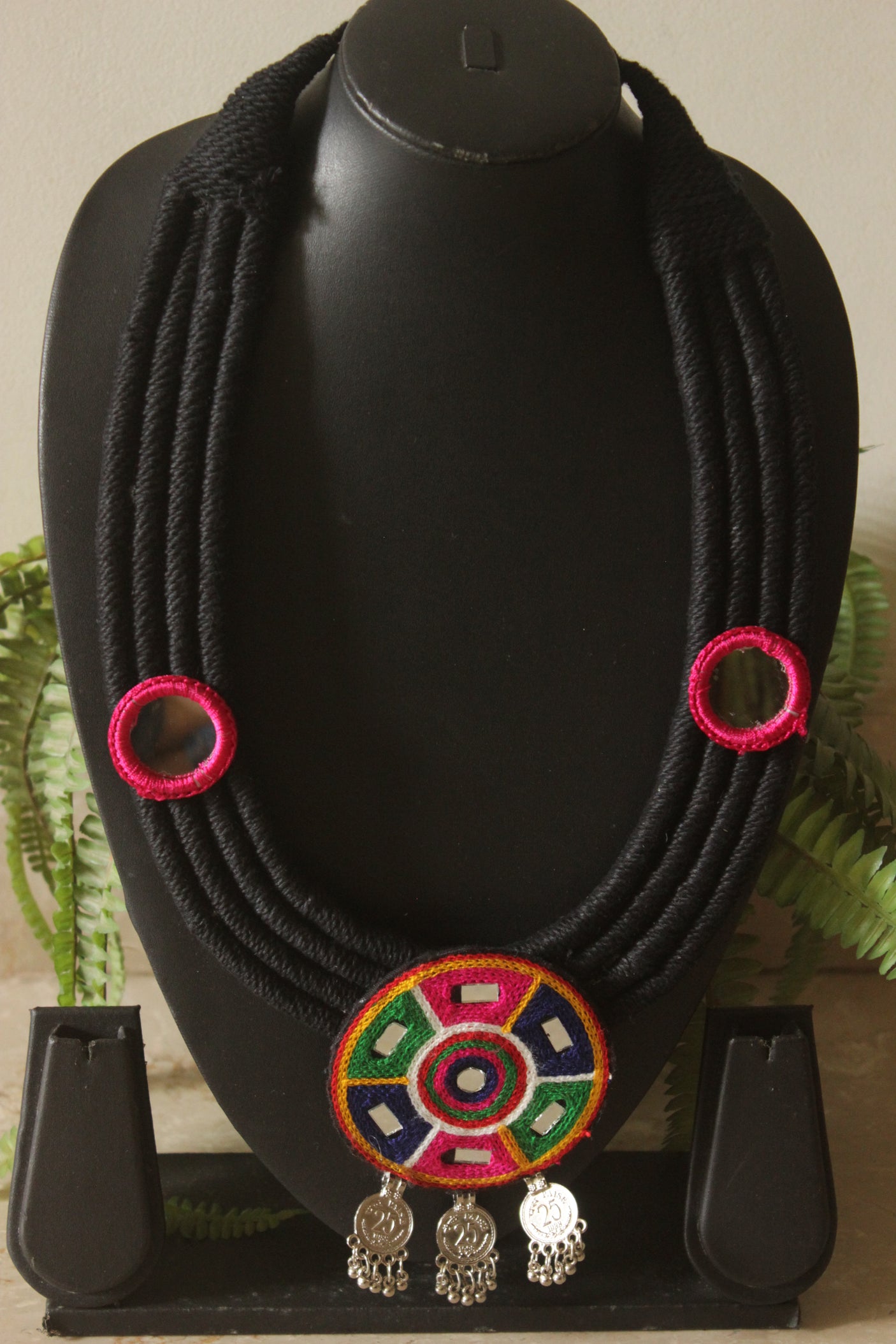Bohemian Multicolor Embroidered Necklace with Coin Charms