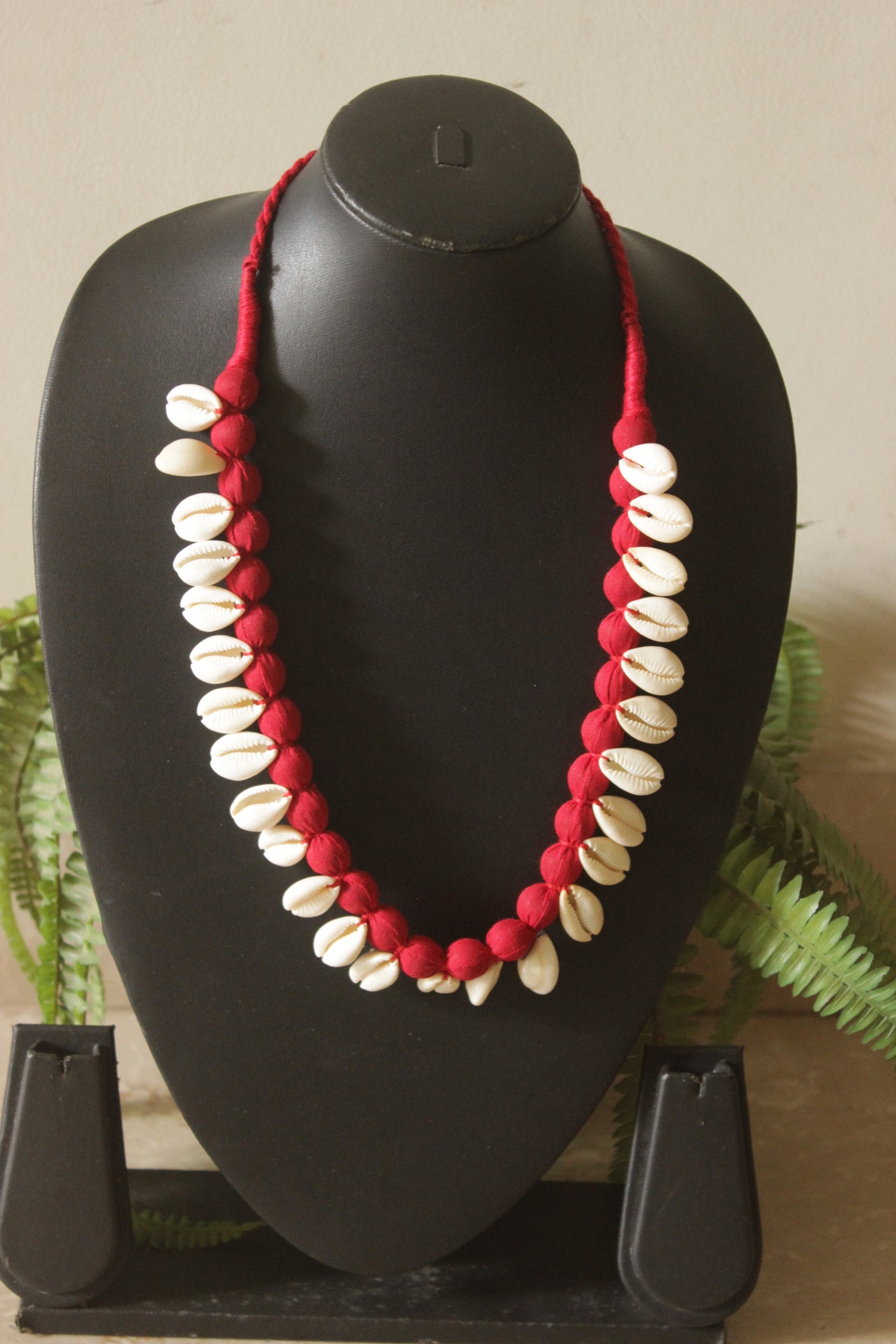 Cowrie Shells Braided with Red Fabric Beads Necklace