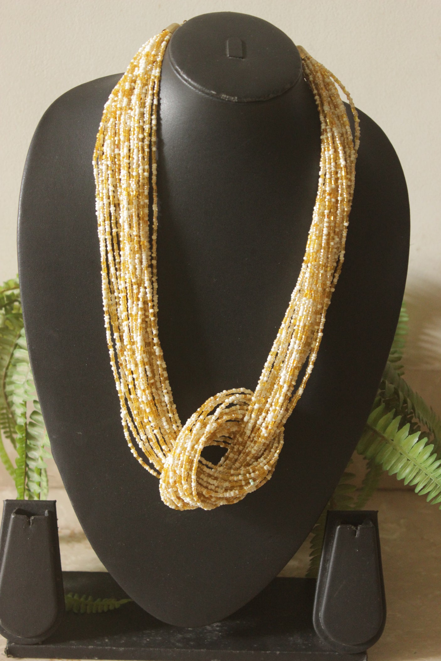 Multi-Strand Boho Beaded Necklace in Ivory and Yellow Tones