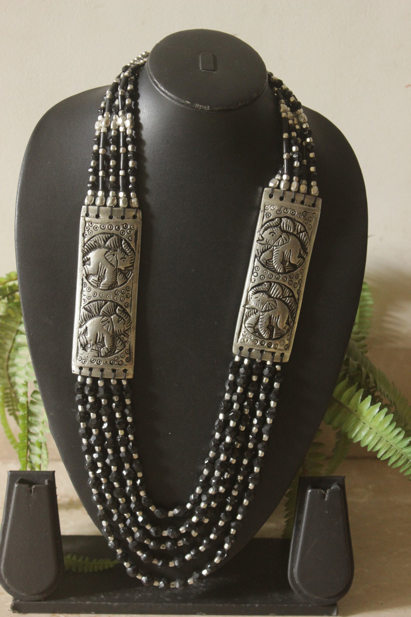 Ethnic Necklace with Black Glass Beads and Engraved Silver Plates