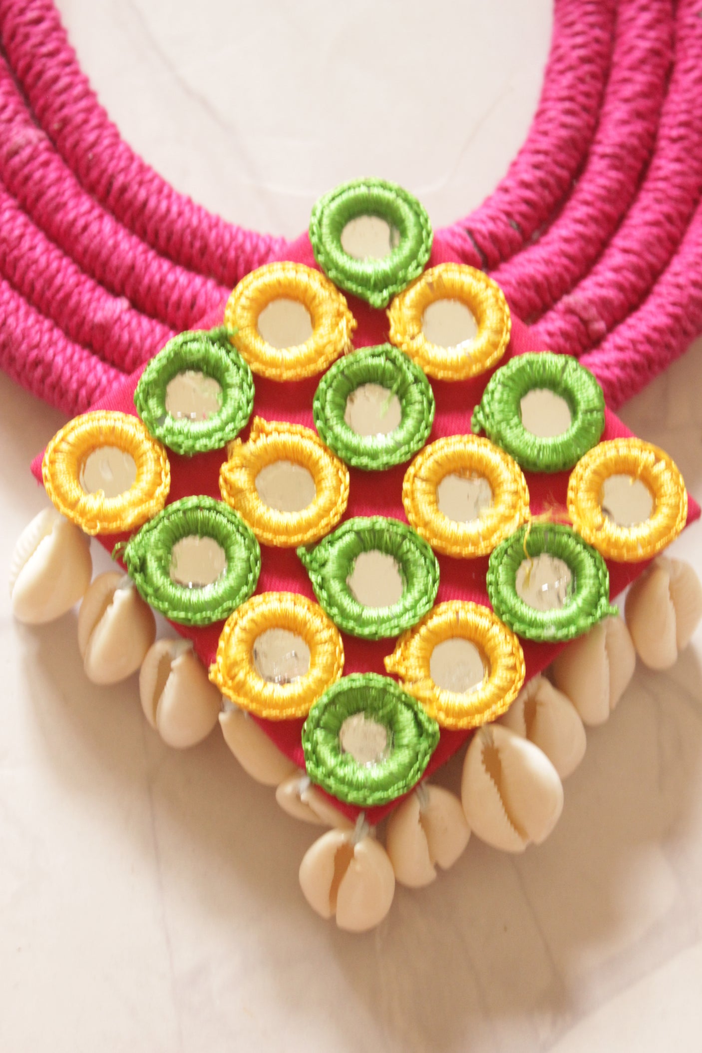 Bohemian Pink Embroidered Necklace with Mirrors and Shells