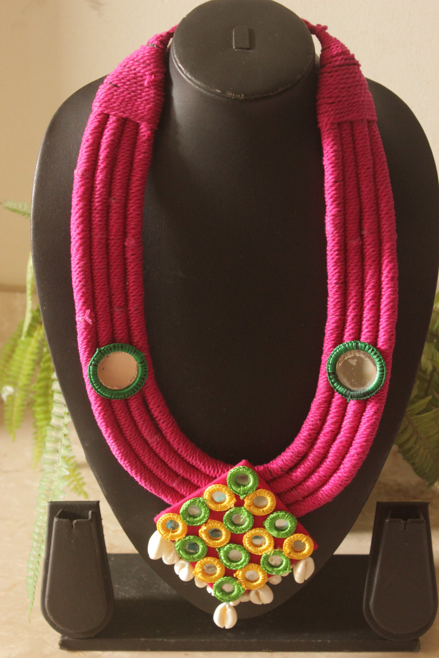 Bohemian Pink Embroidered Necklace with Mirrors and Shells