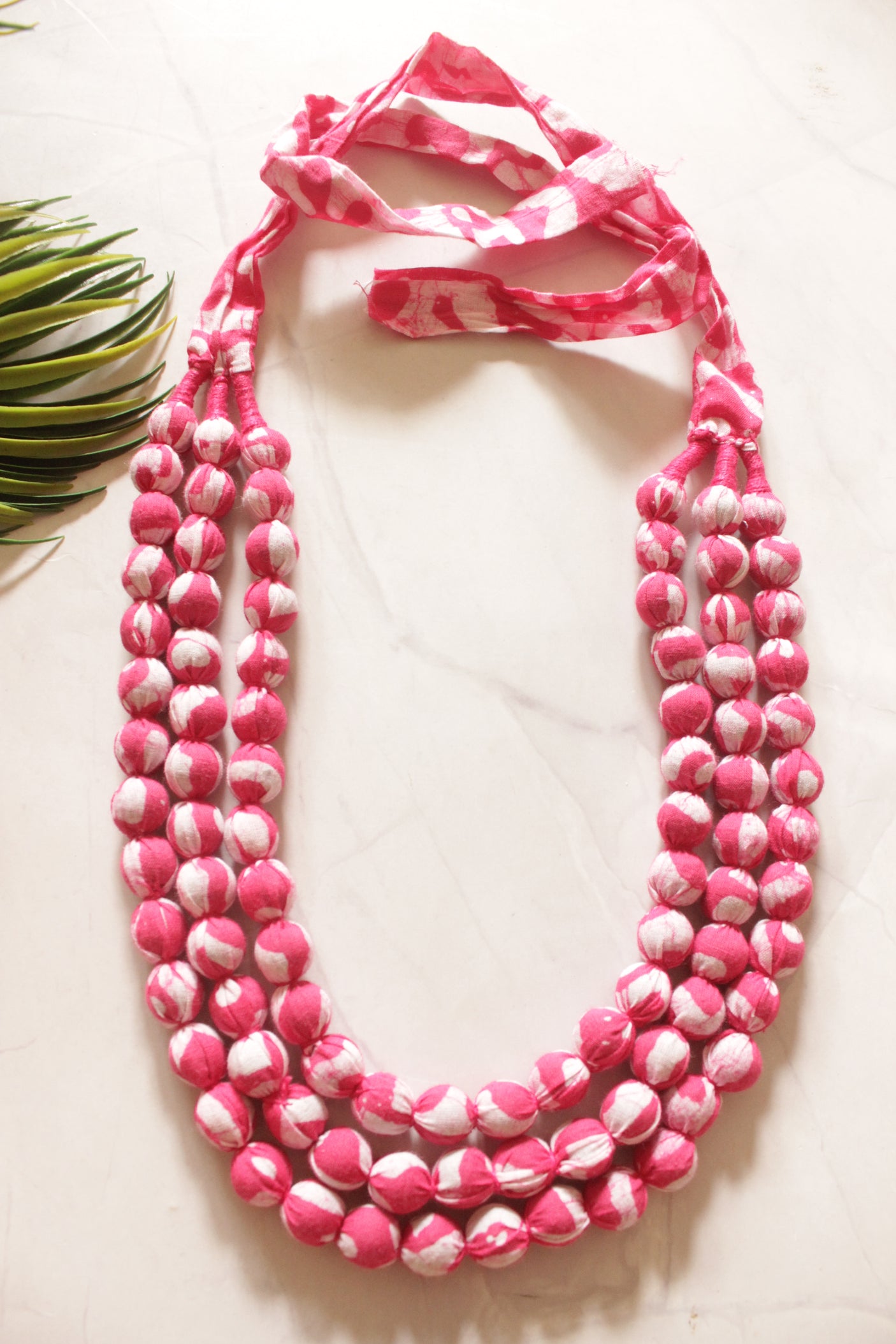 Pink & Off-White Fabric Beads 3 Layer Handmade Necklace