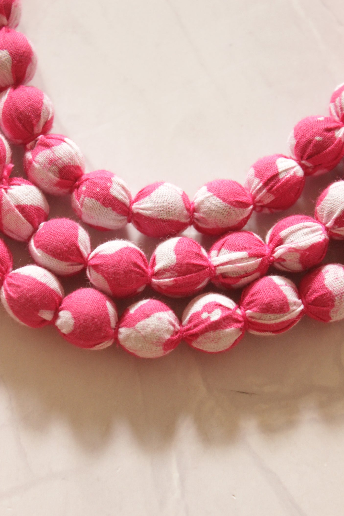 Pink & Off-White Fabric Beads 3 Layer Handmade Necklace