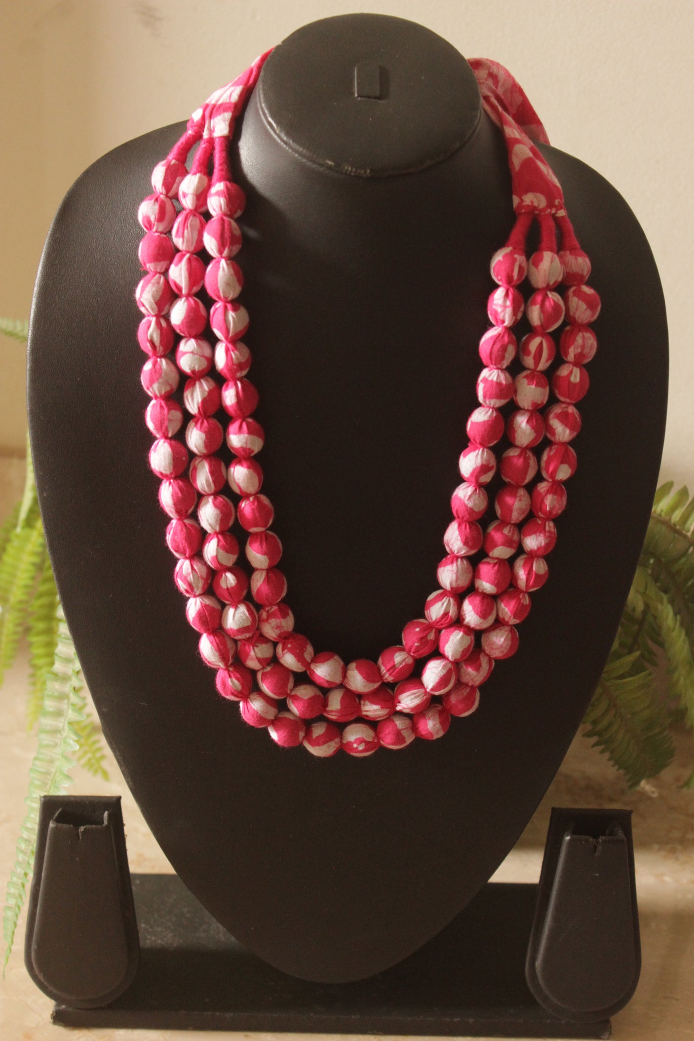 Pink & Off-White Fabric Beads 3 Layer Handmade Necklace