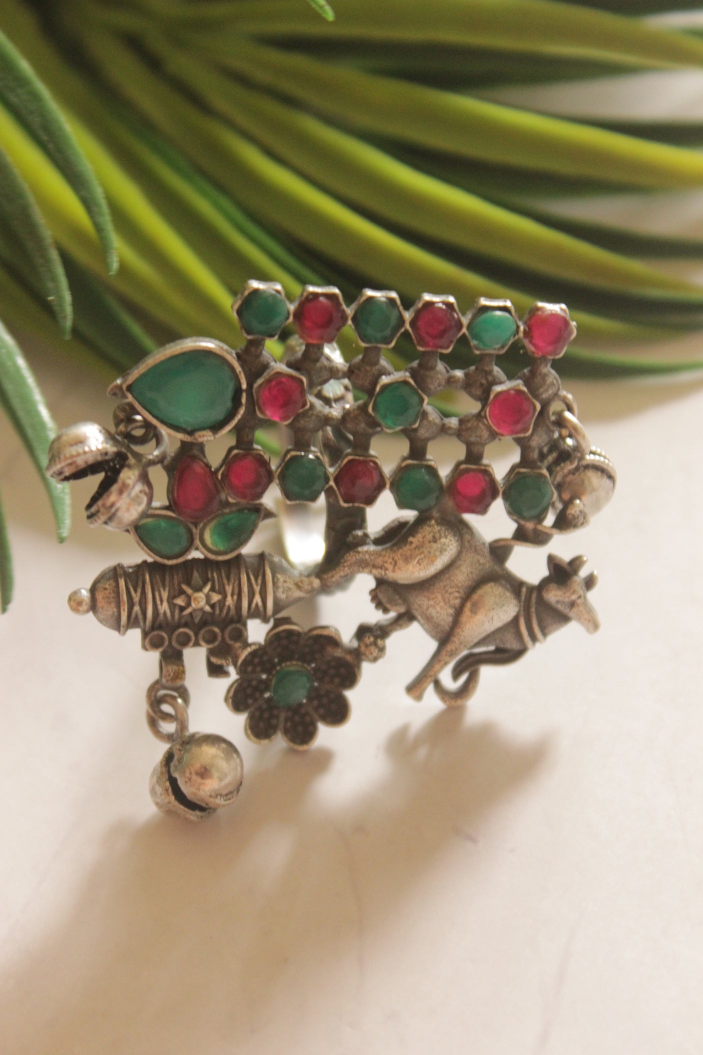 Pink and Green Glass Stones Embedded Oxidized Finish Statement Ring