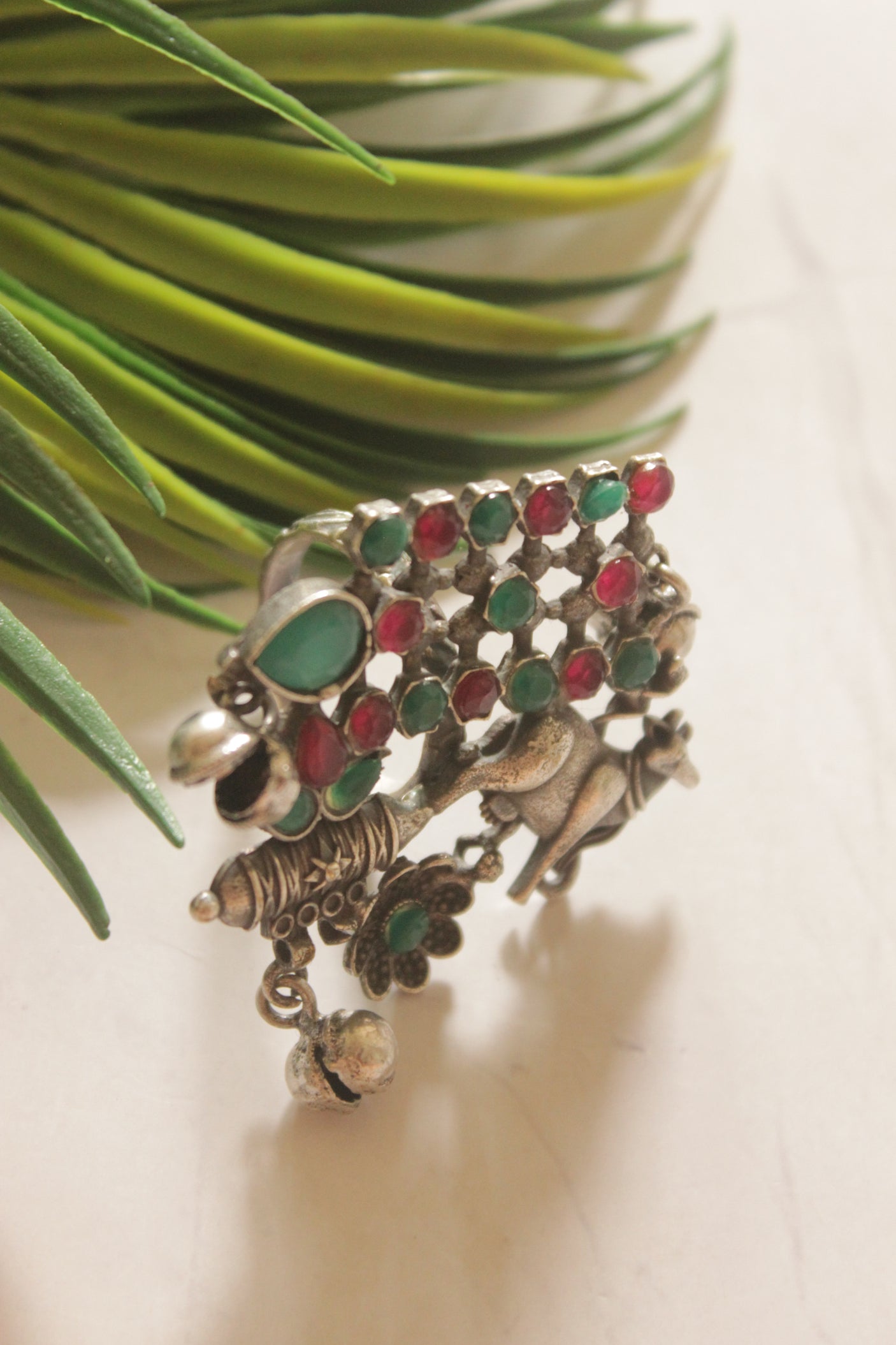 Pink and Green Glass Stones Embedded Oxidized Finish Statement Ring