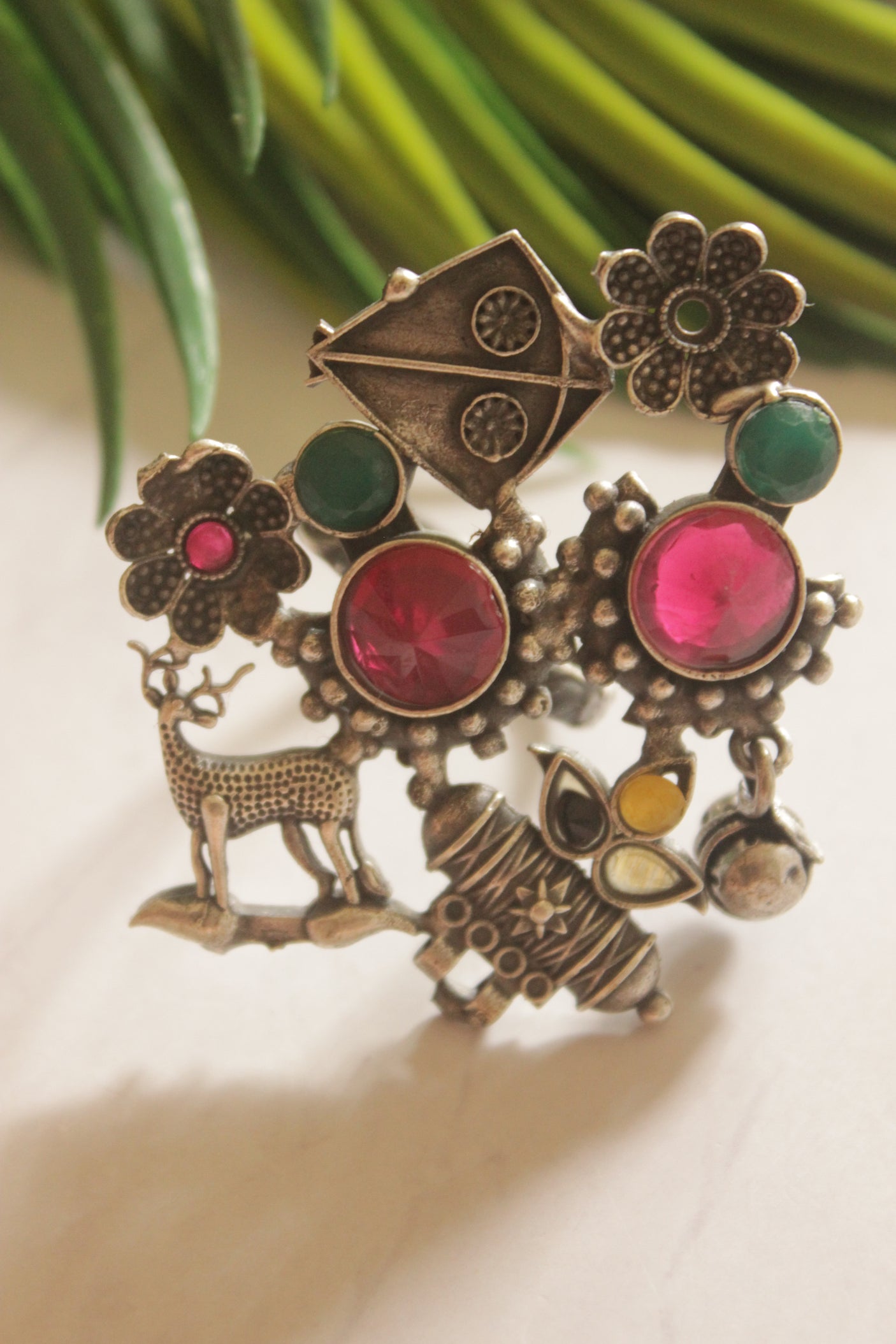 Pink and Green Glass Stones Embedded Oxidized Finish Statement Ring
