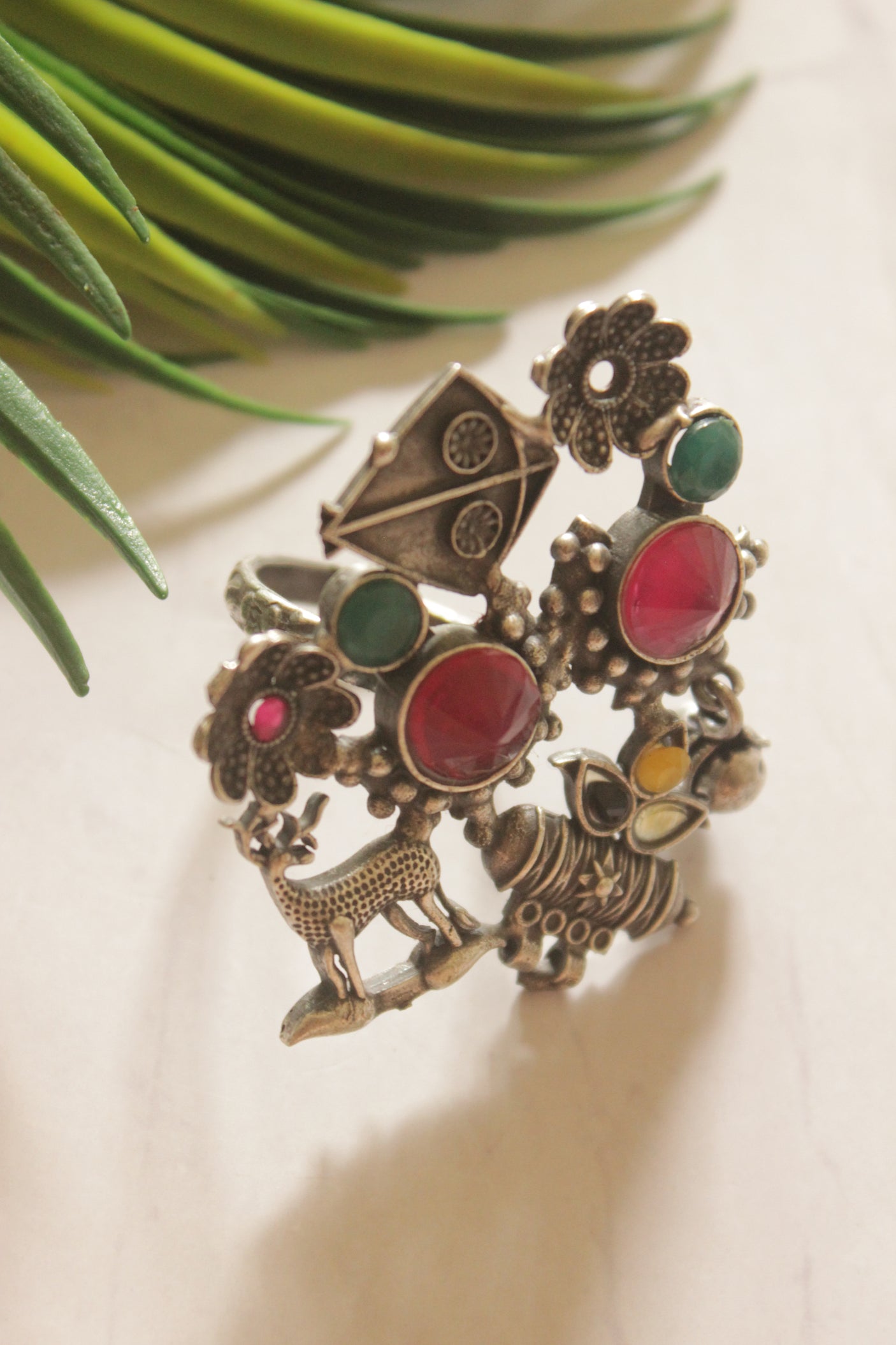 Pink and Green Glass Stones Embedded Oxidized Finish Statement Ring