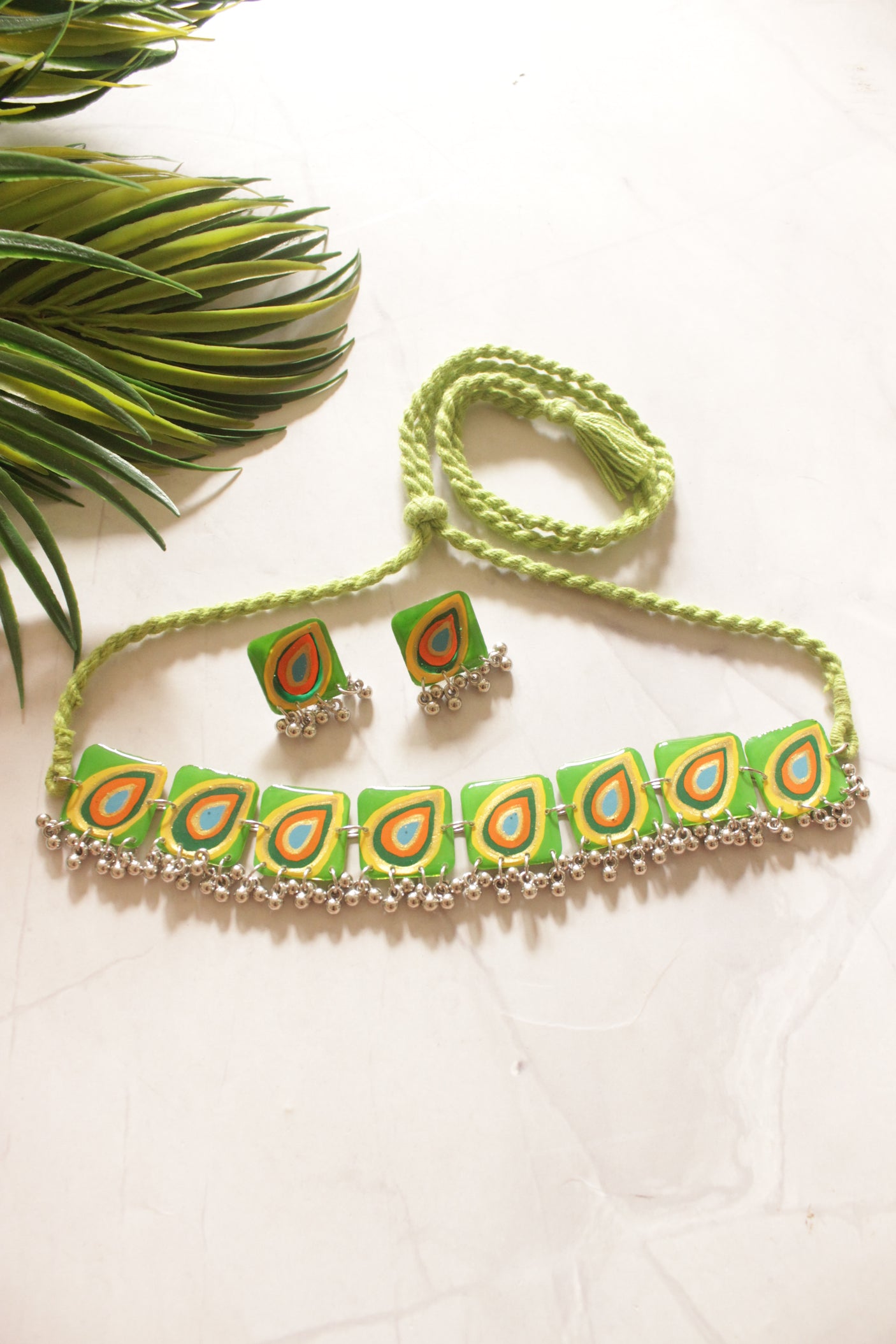 Green Peacock Adjustable Length Choker Necklace Set