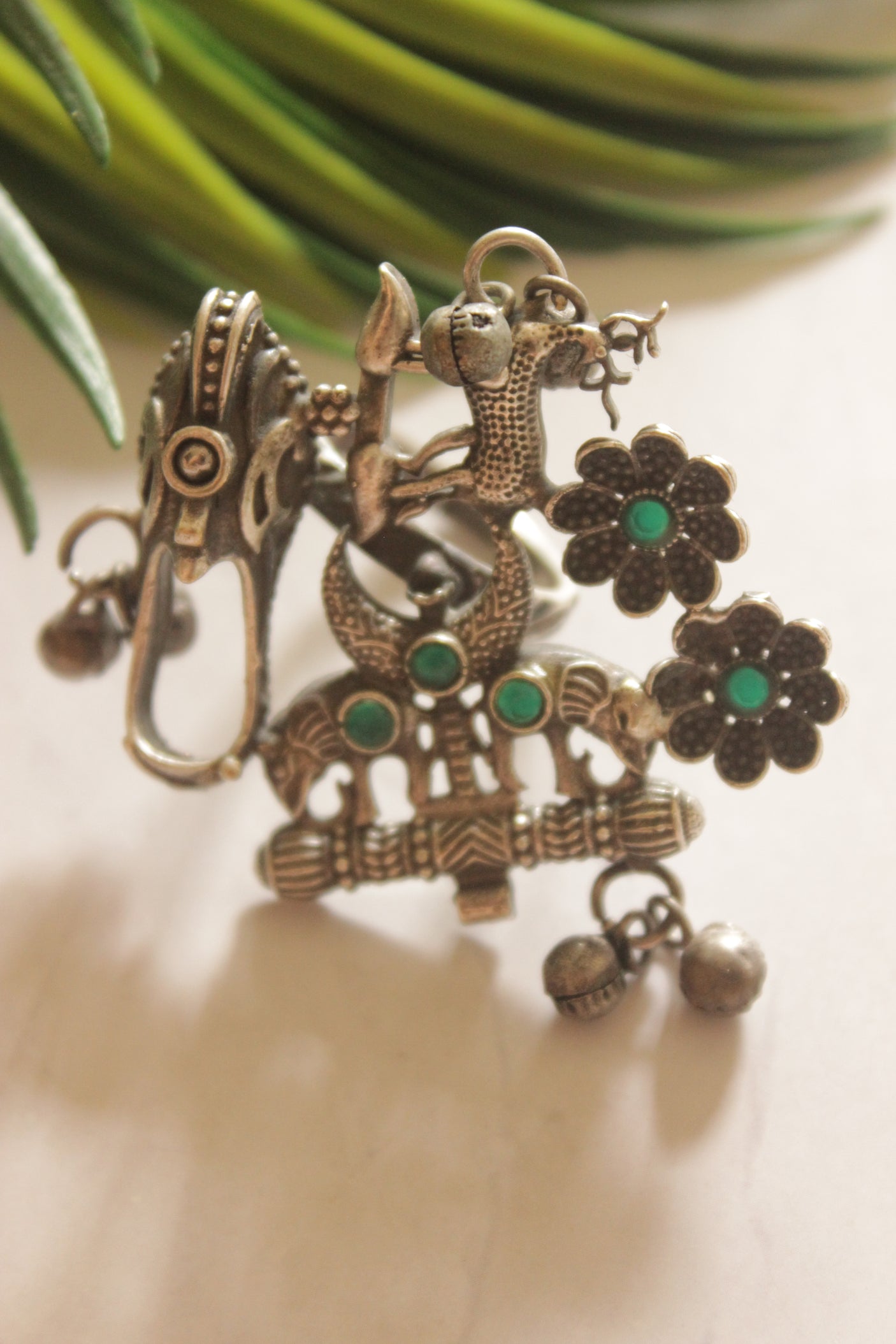 Tribal Oxidized Silver Statement Ring with Green Stones