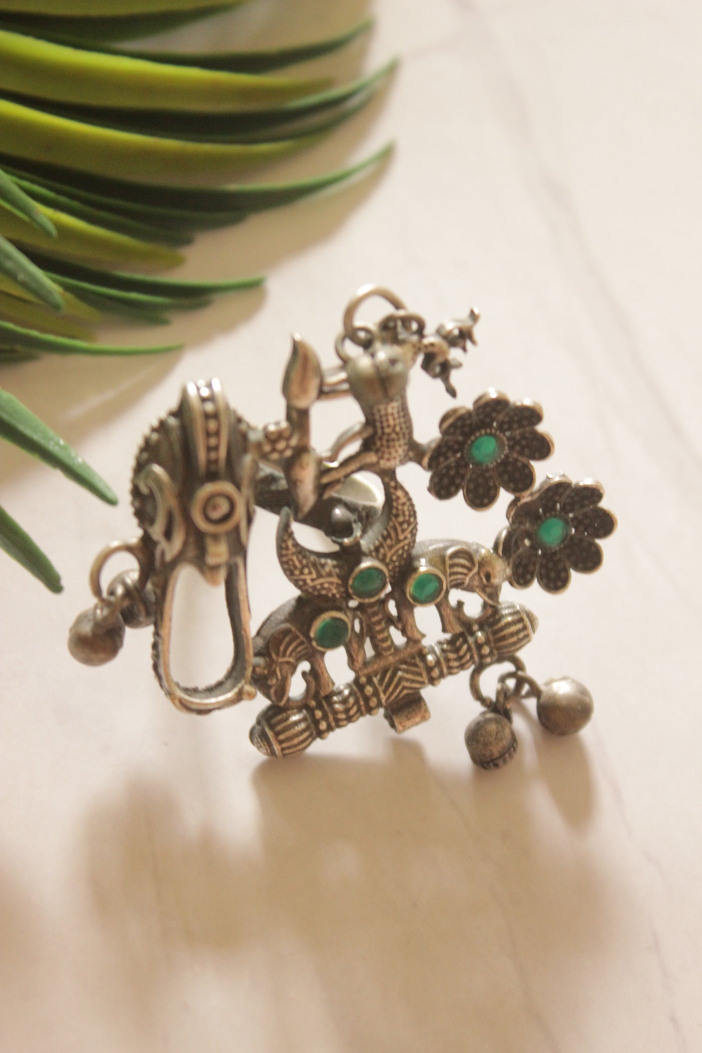 Tribal Oxidized Silver Statement Ring with Green Stones