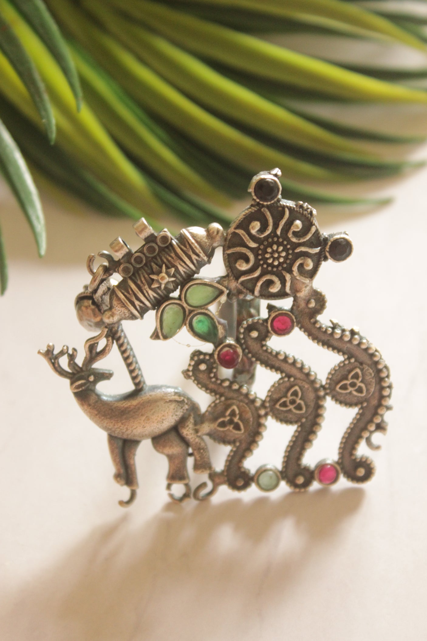 Tribal Oxidized Silver Statement Ring with Green & Pink Stones
