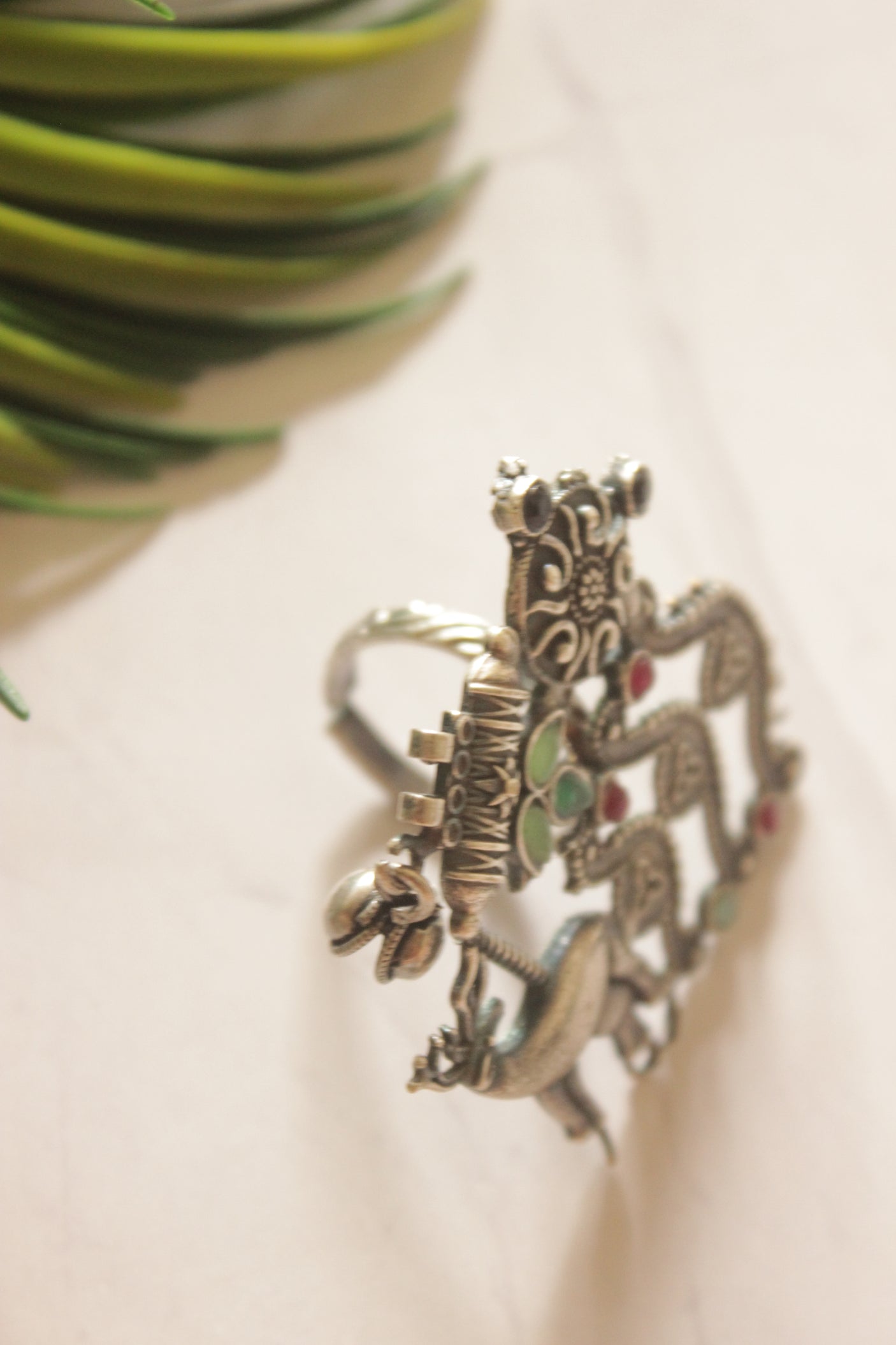 Tribal Oxidized Silver Statement Ring with Green & Pink Stones