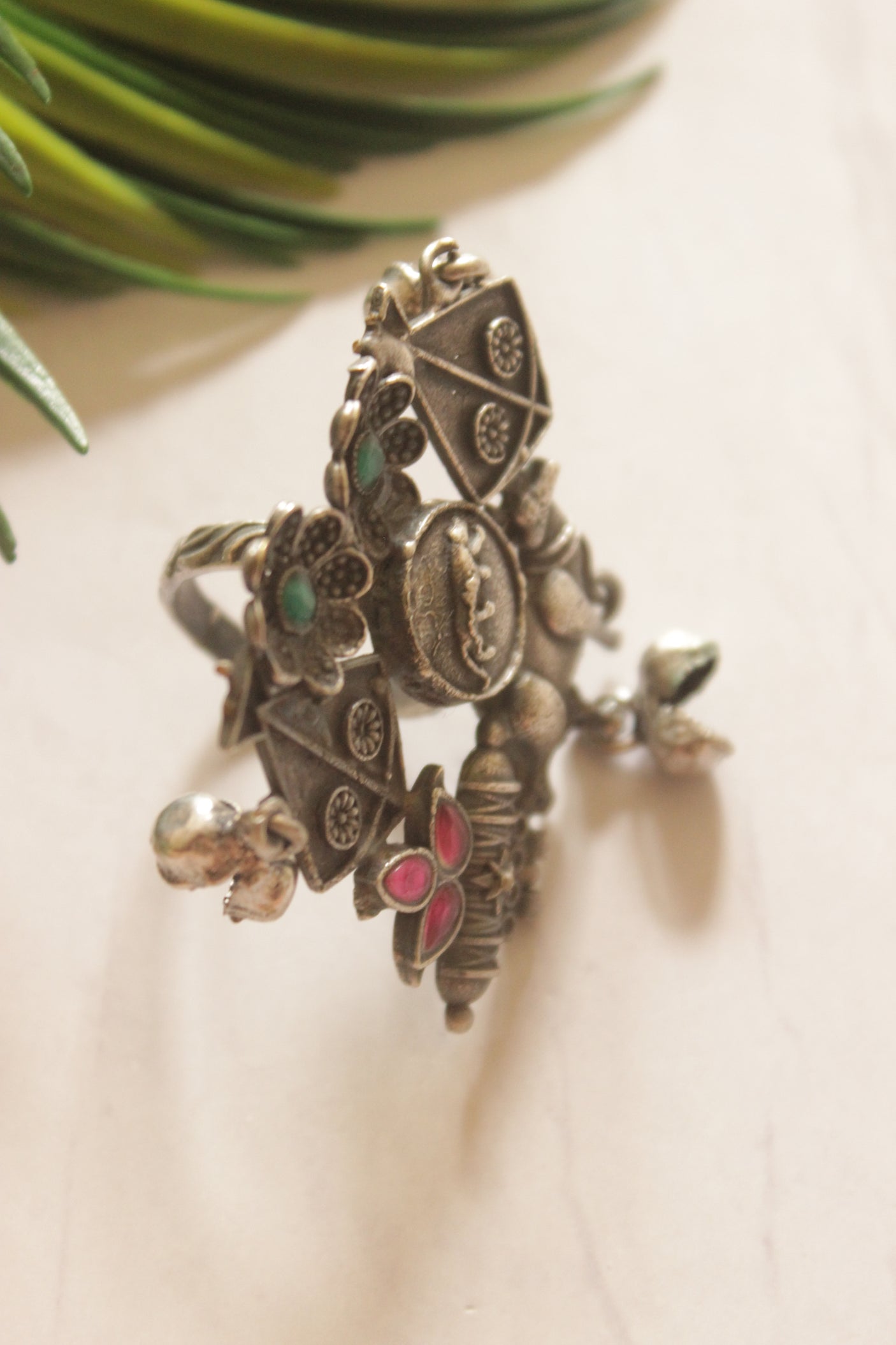 Flora and Fauna Tribal Oxidized Silver Statement Ring