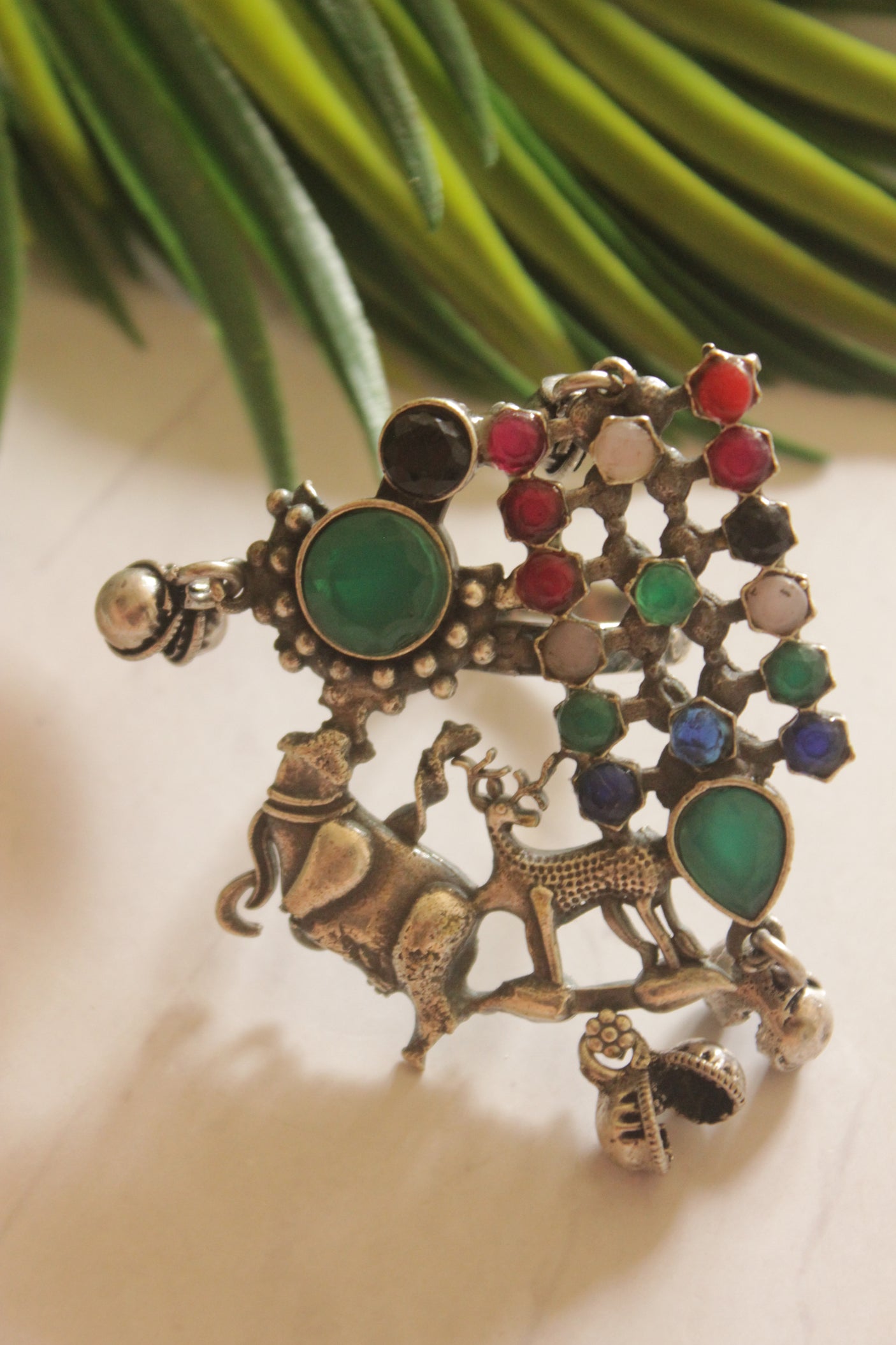 Glass Stones Embedded Oxidized Finish Statement Ring