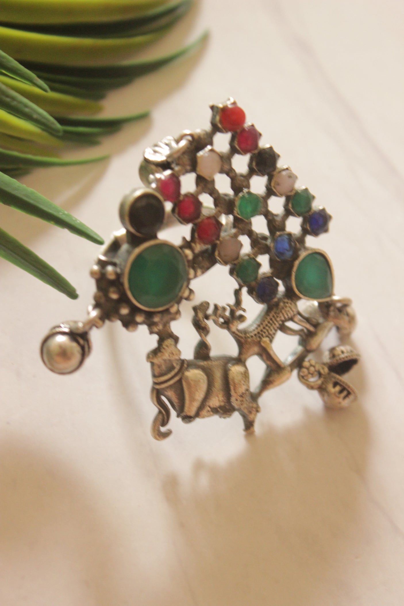 Glass Stones Embedded Oxidized Finish Statement Ring