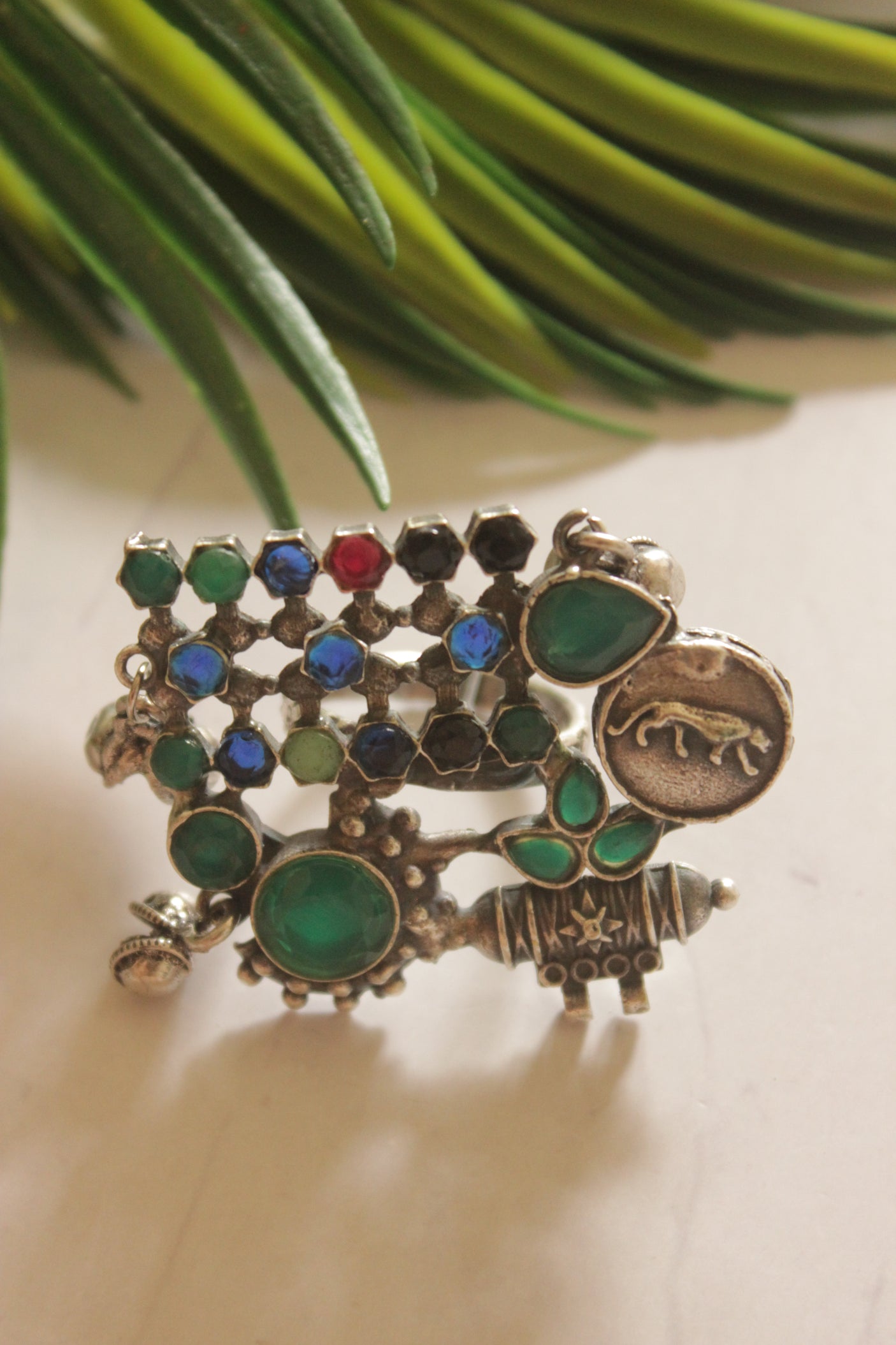 Tribal Oxidized Silver Statement Ring with Multi-Color Stones