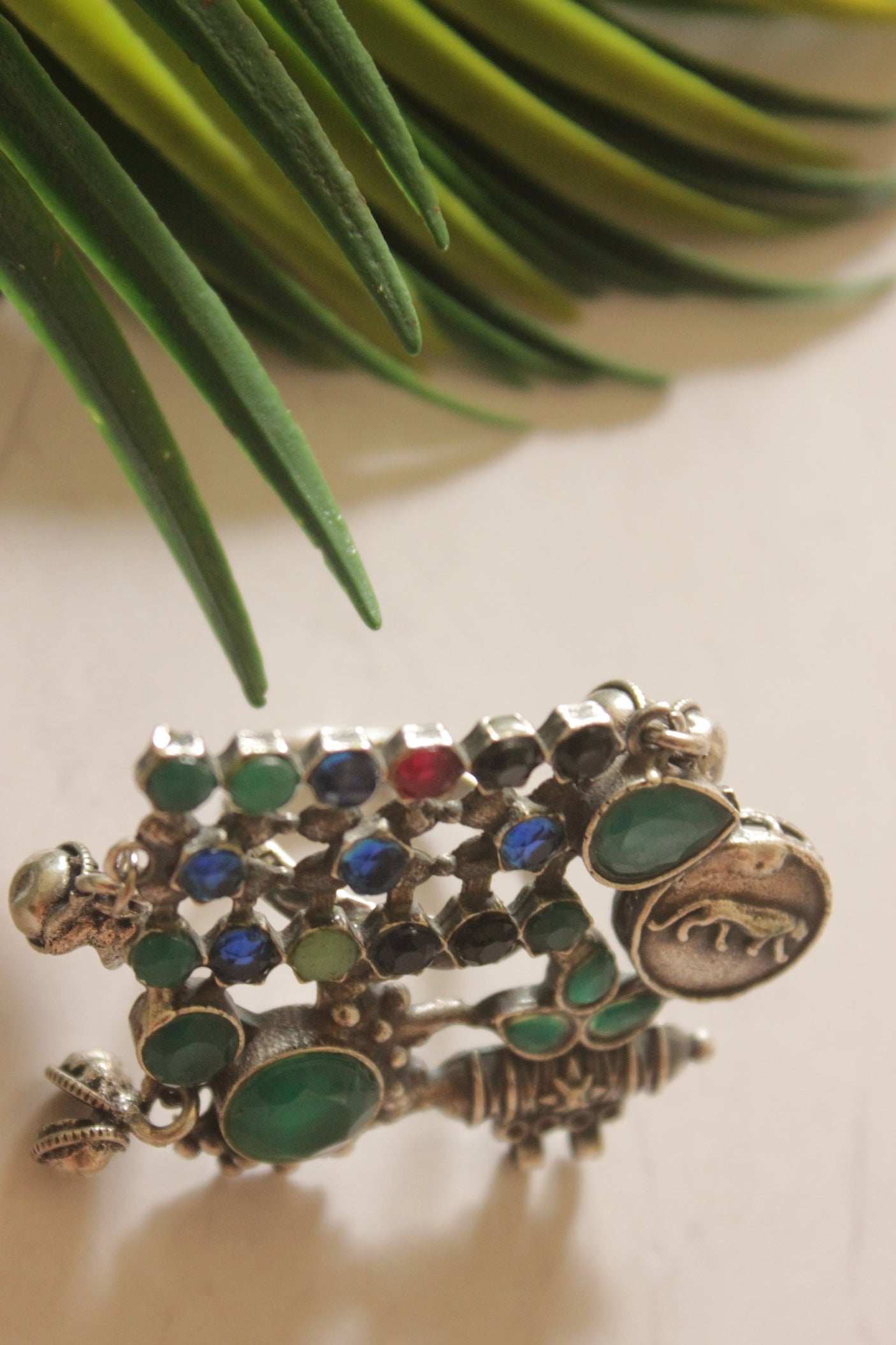 Tribal Oxidized Silver Statement Ring with Multi-Color Stones