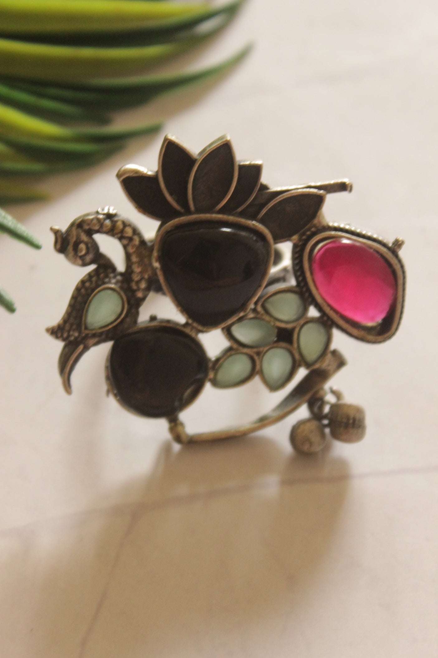 Peacock Motif Oxidized Silver Statement Ring