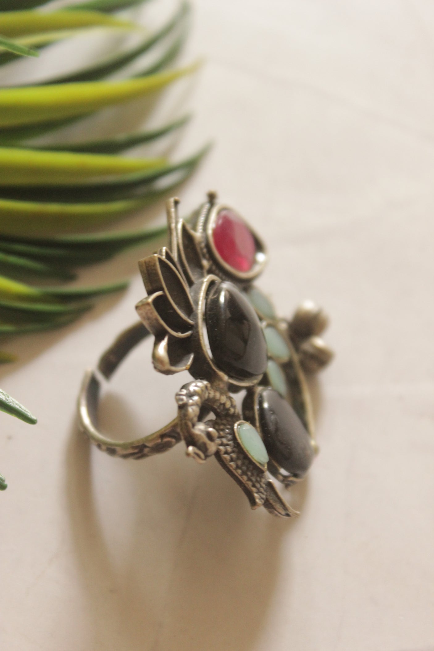 Peacock Motif Oxidized Silver Statement Ring