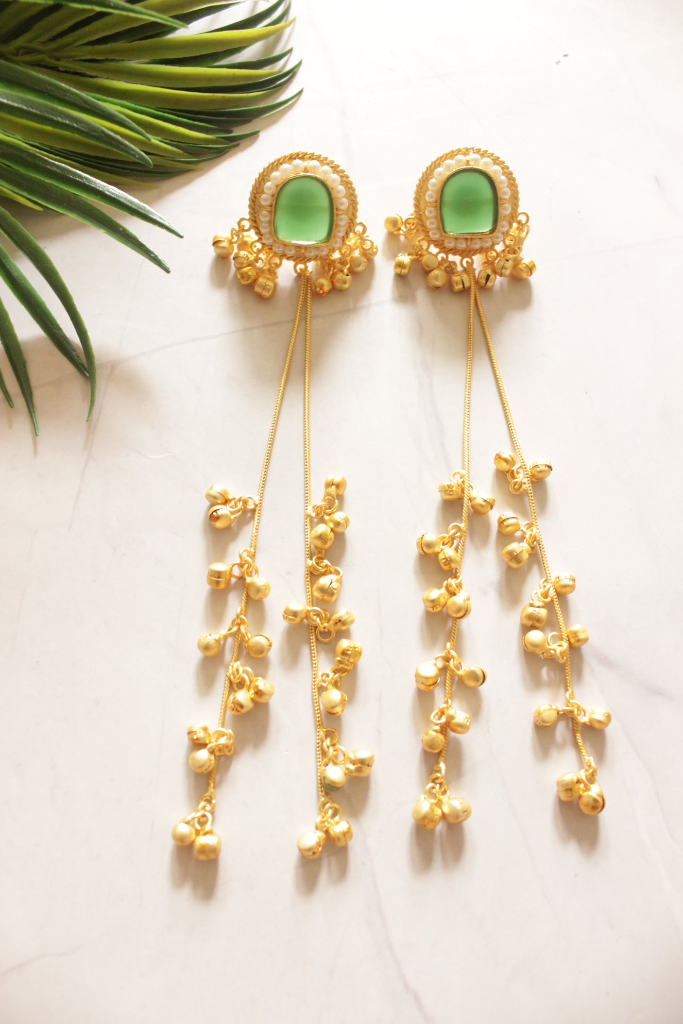 Gold Tone Kashmiri Green Glass Stone Embedded Long Dangler Earrings