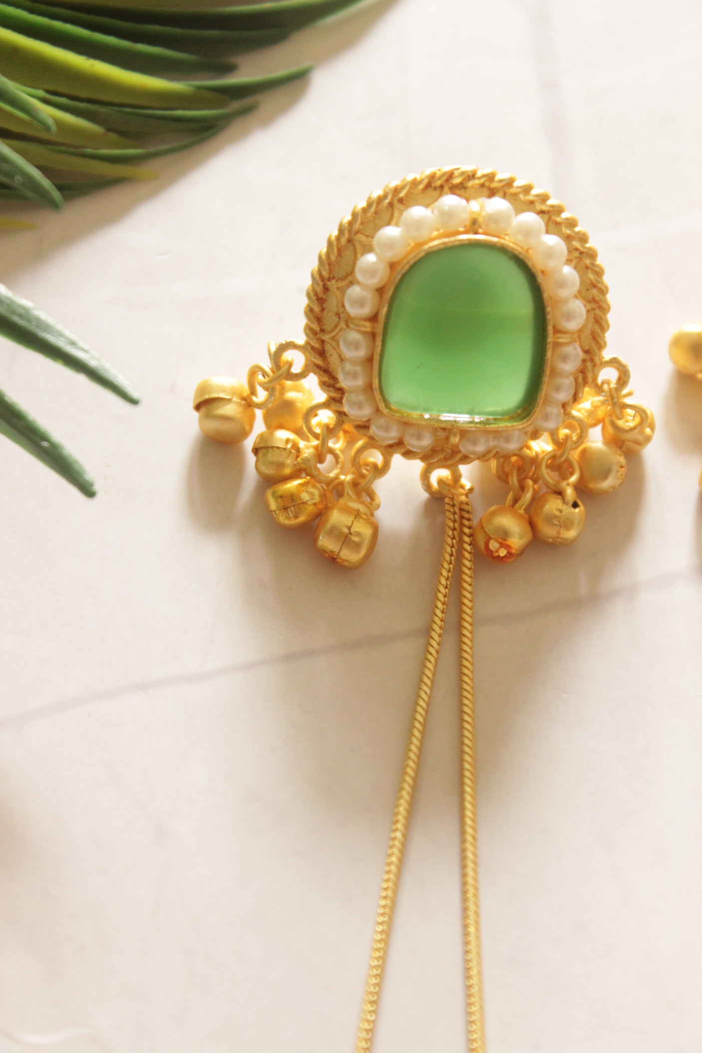 Gold Tone Kashmiri Green Glass Stone Embedded Long Dangler Earrings