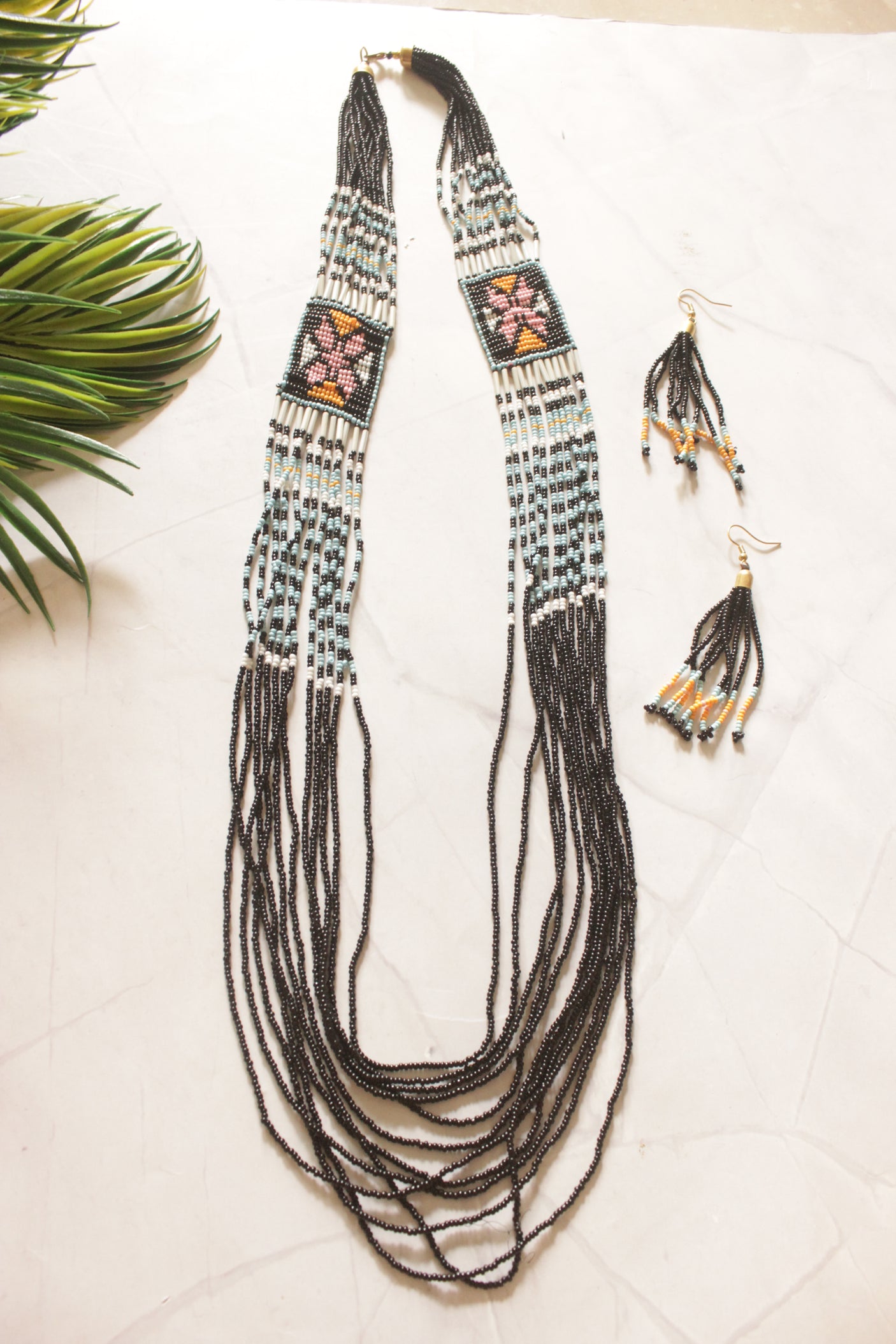 Black & Multi-Color Hand Beaded Long Necklace Set