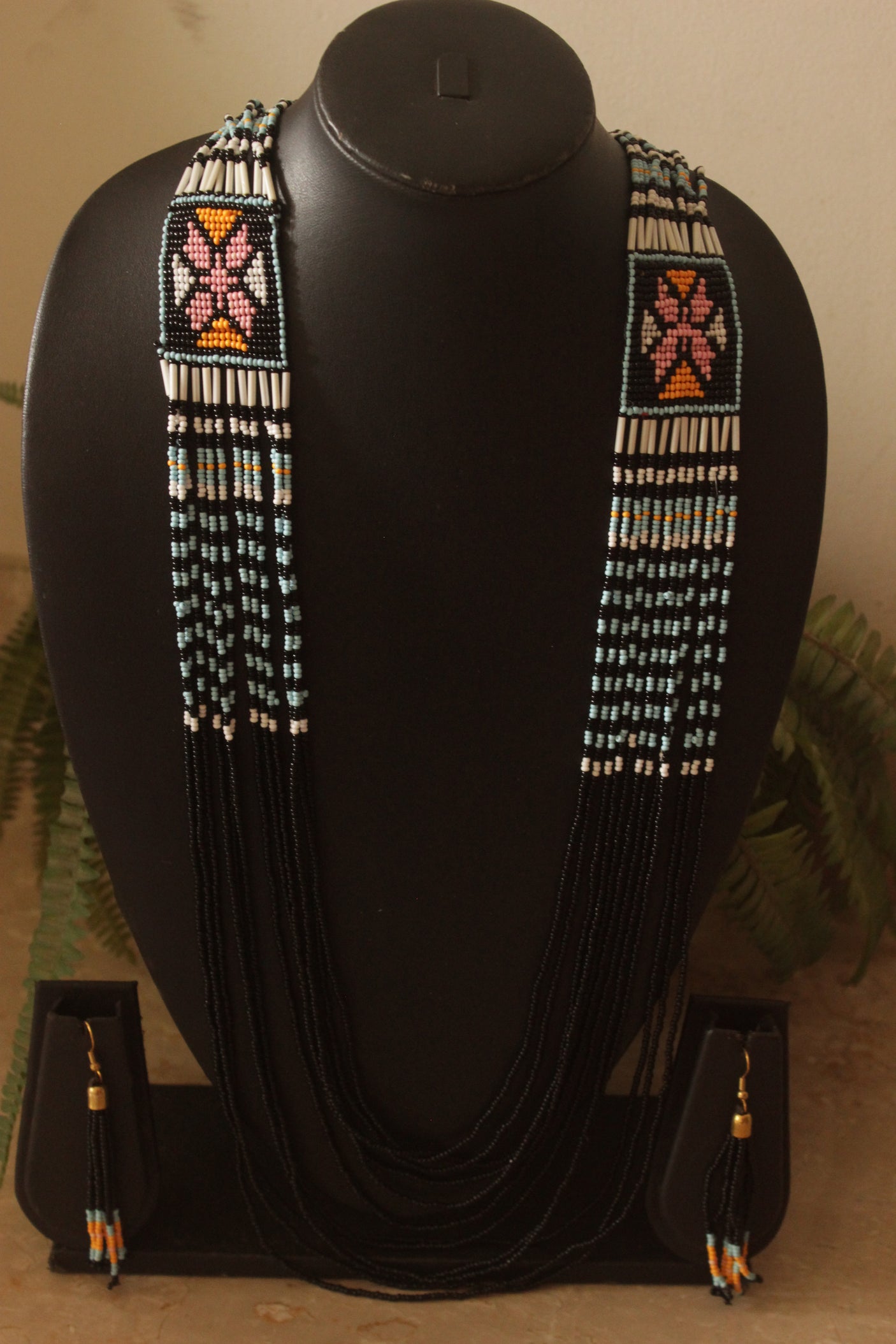 Black & Multi-Color Hand Beaded Long Necklace Set