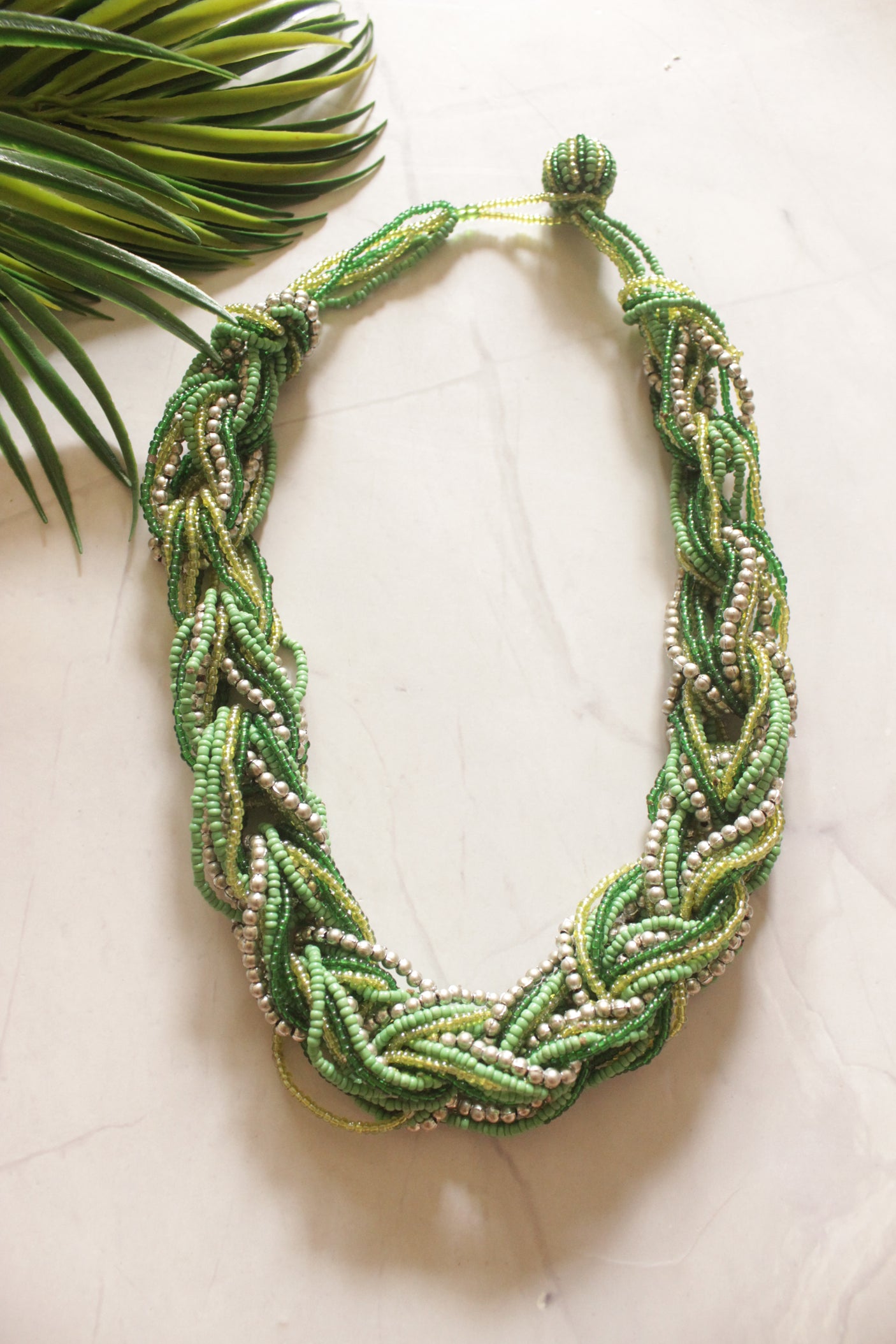 Shades of Green and Silver Twisted Beads Handmade Necklace