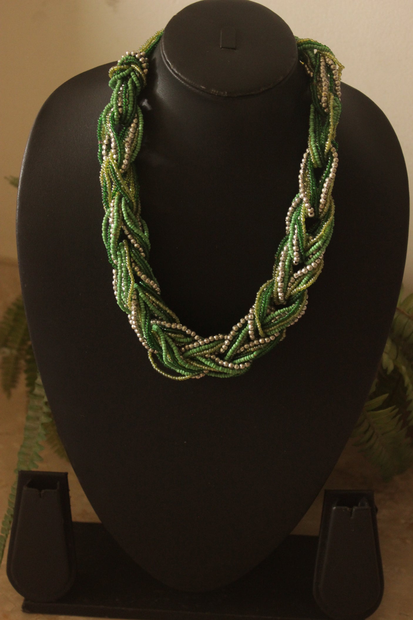 Shades of Green and Silver Twisted Beads Handmade Necklace