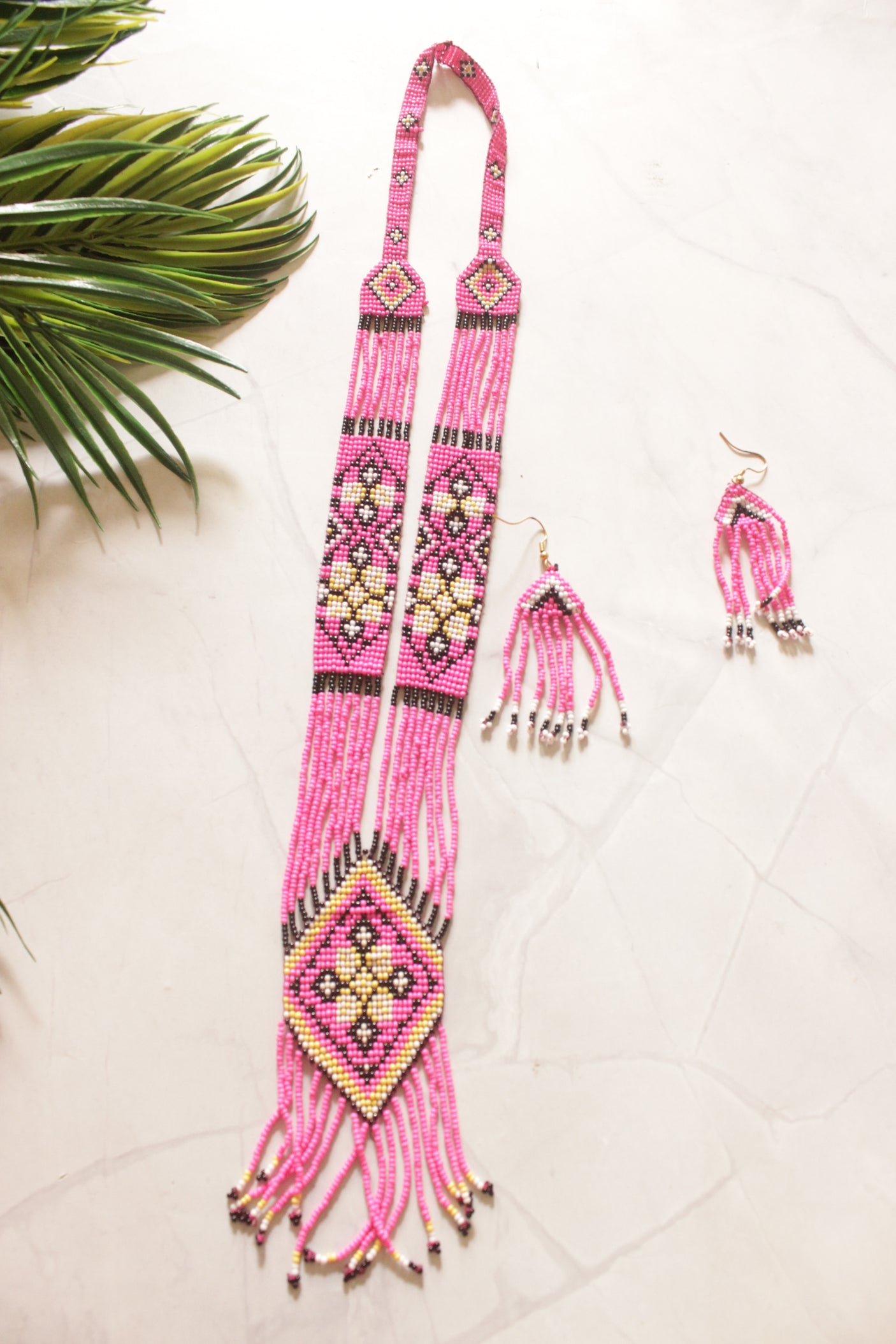 Pink and Yellow Hand Beaded Long Necklace Set