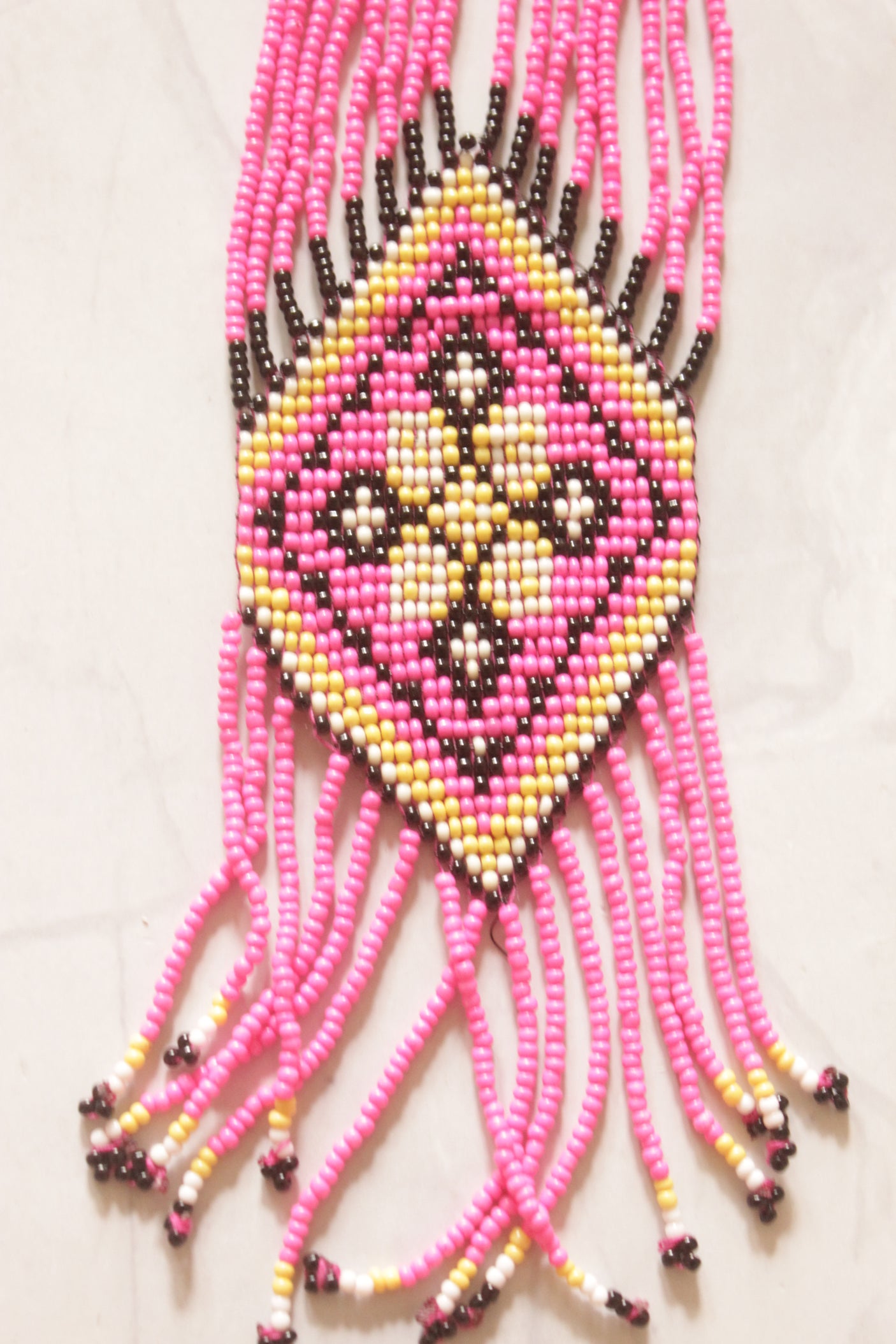 Pink and Yellow Hand Beaded Long Necklace Set