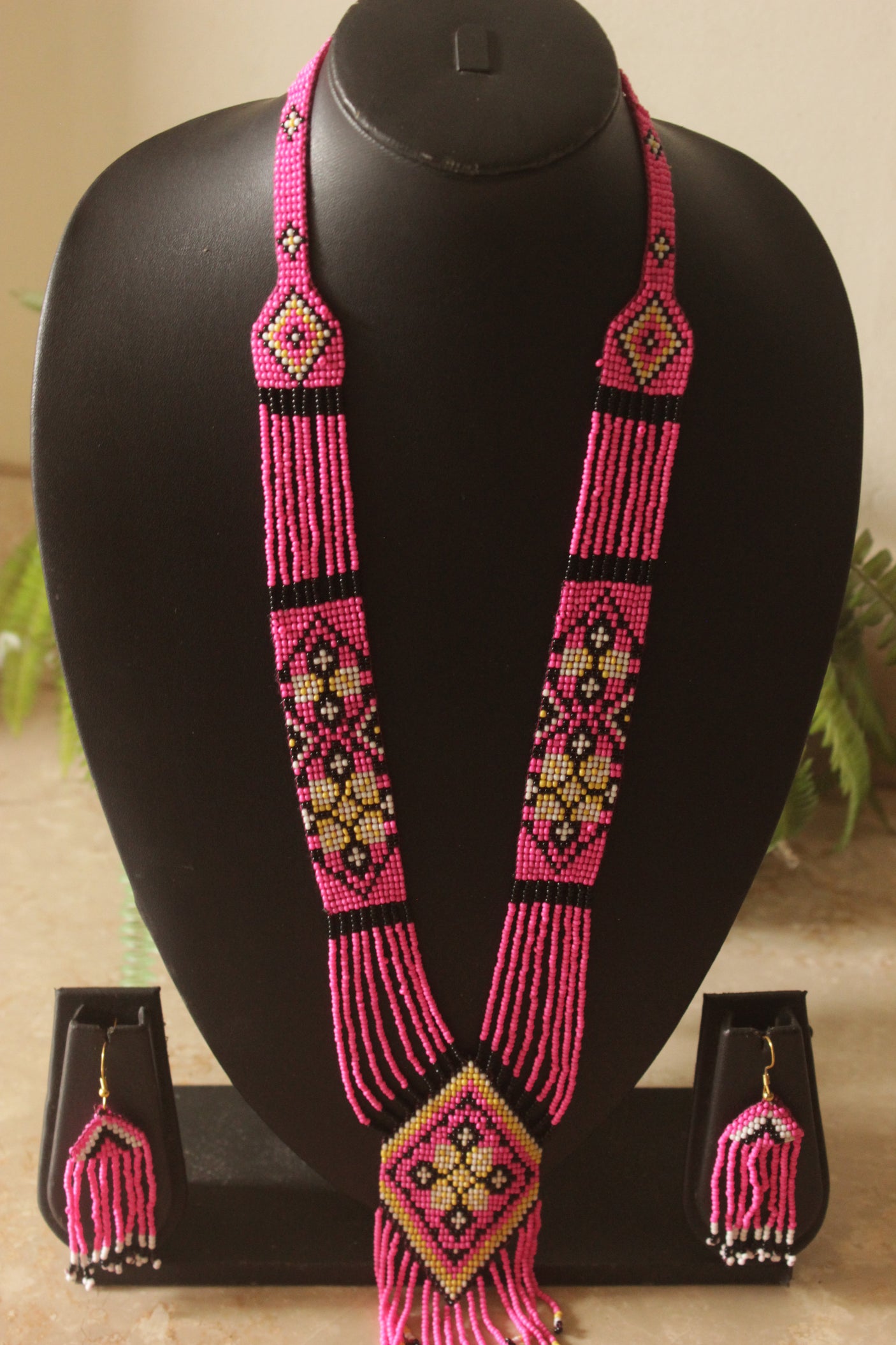 Pink and Yellow Hand Beaded Long Necklace Set