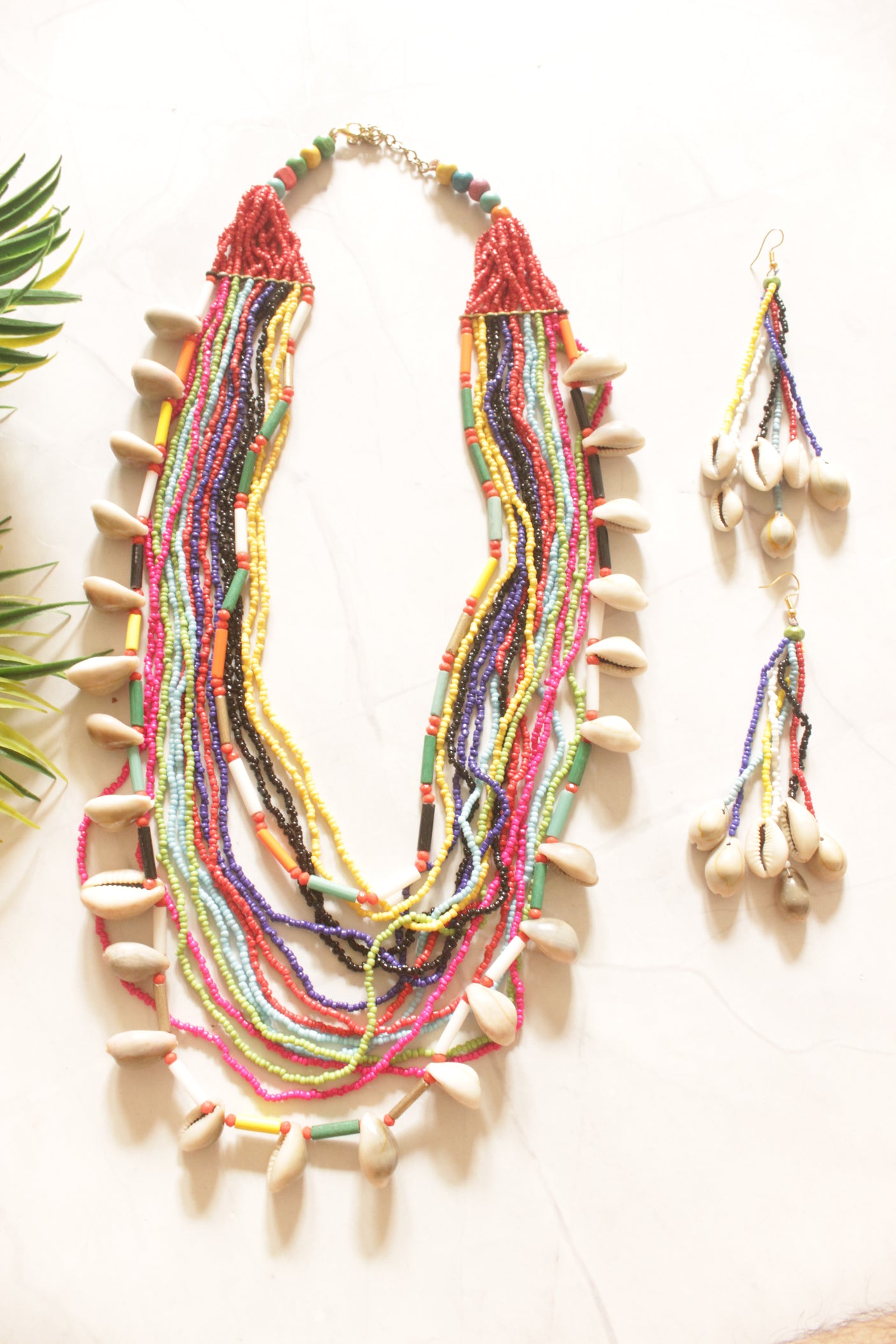 Multi-Color Beads and Cowrie Shells Hand Braided Boho Necklace Set