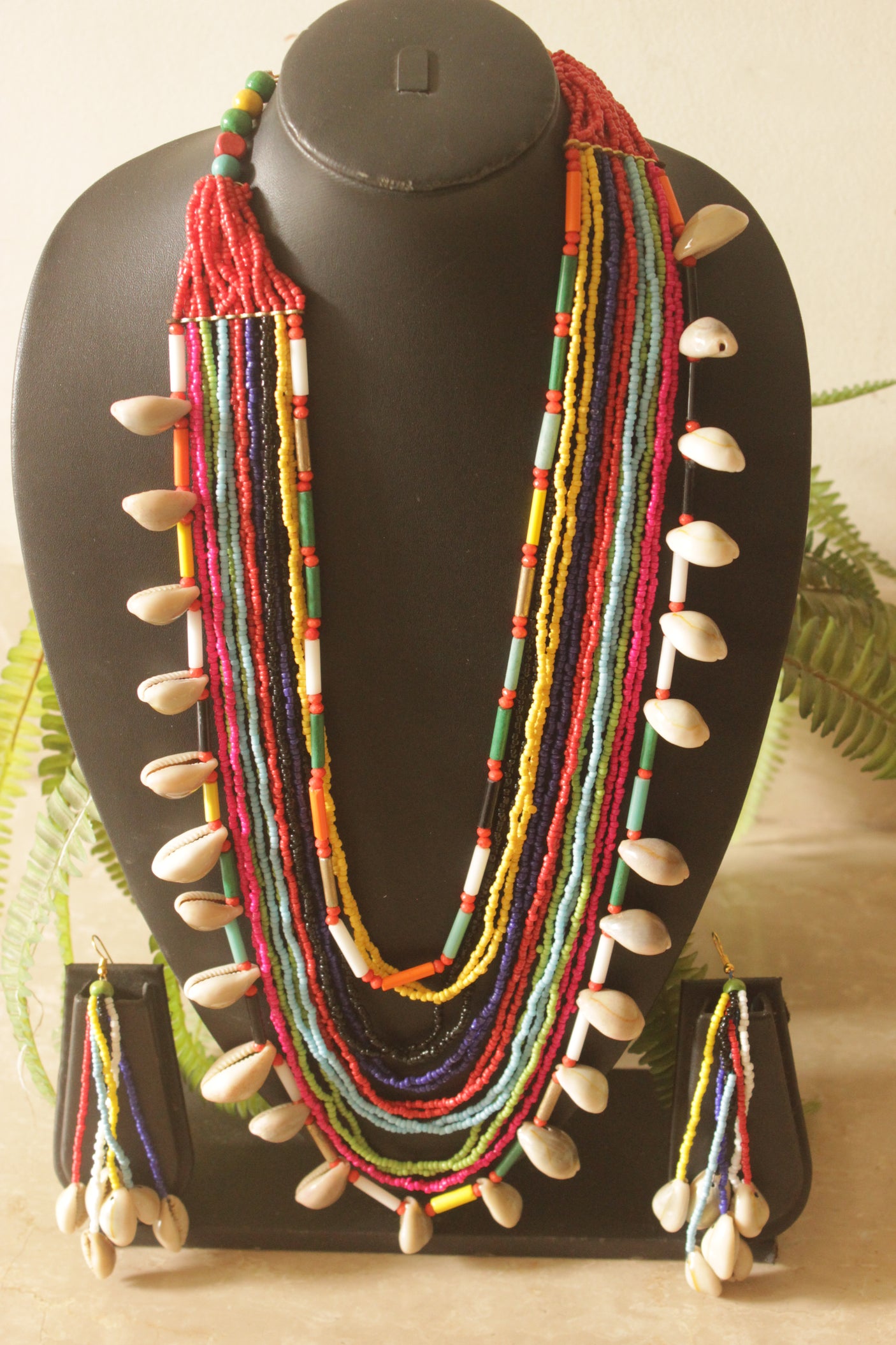 Multi-Color Beads and Cowrie Shells Hand Braided Boho Necklace Set