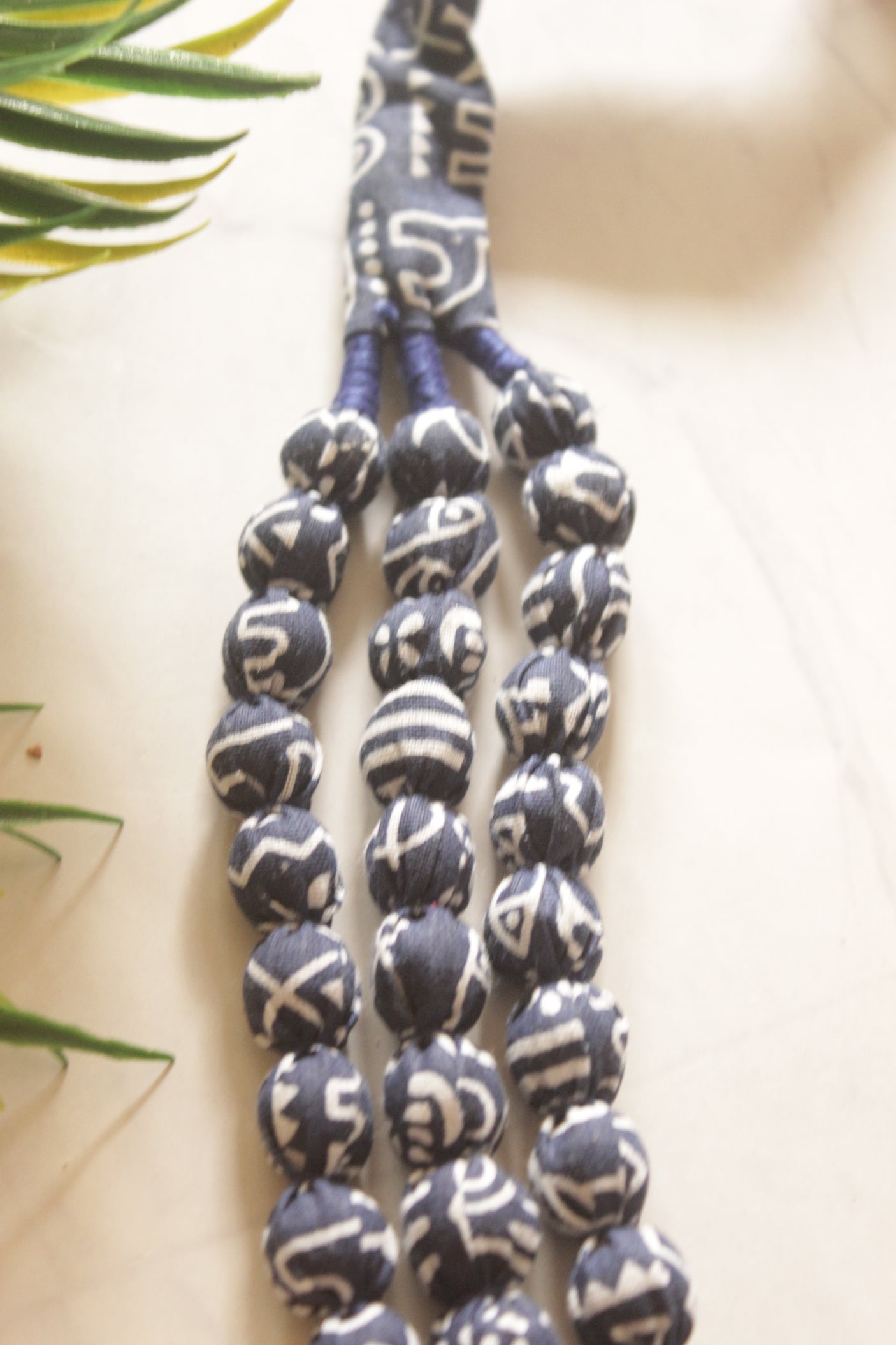 Indigo Fabric Beads 3 Layer Handmade Necklace