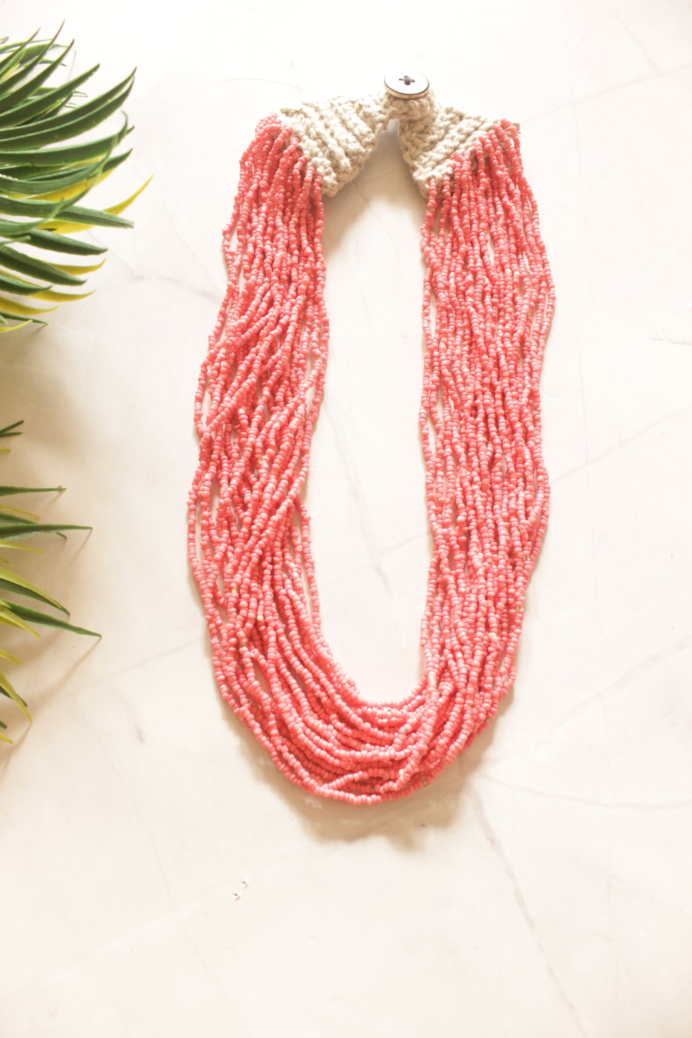 Coral Pink Beads Hand Beaded Multi-Layer Necklace