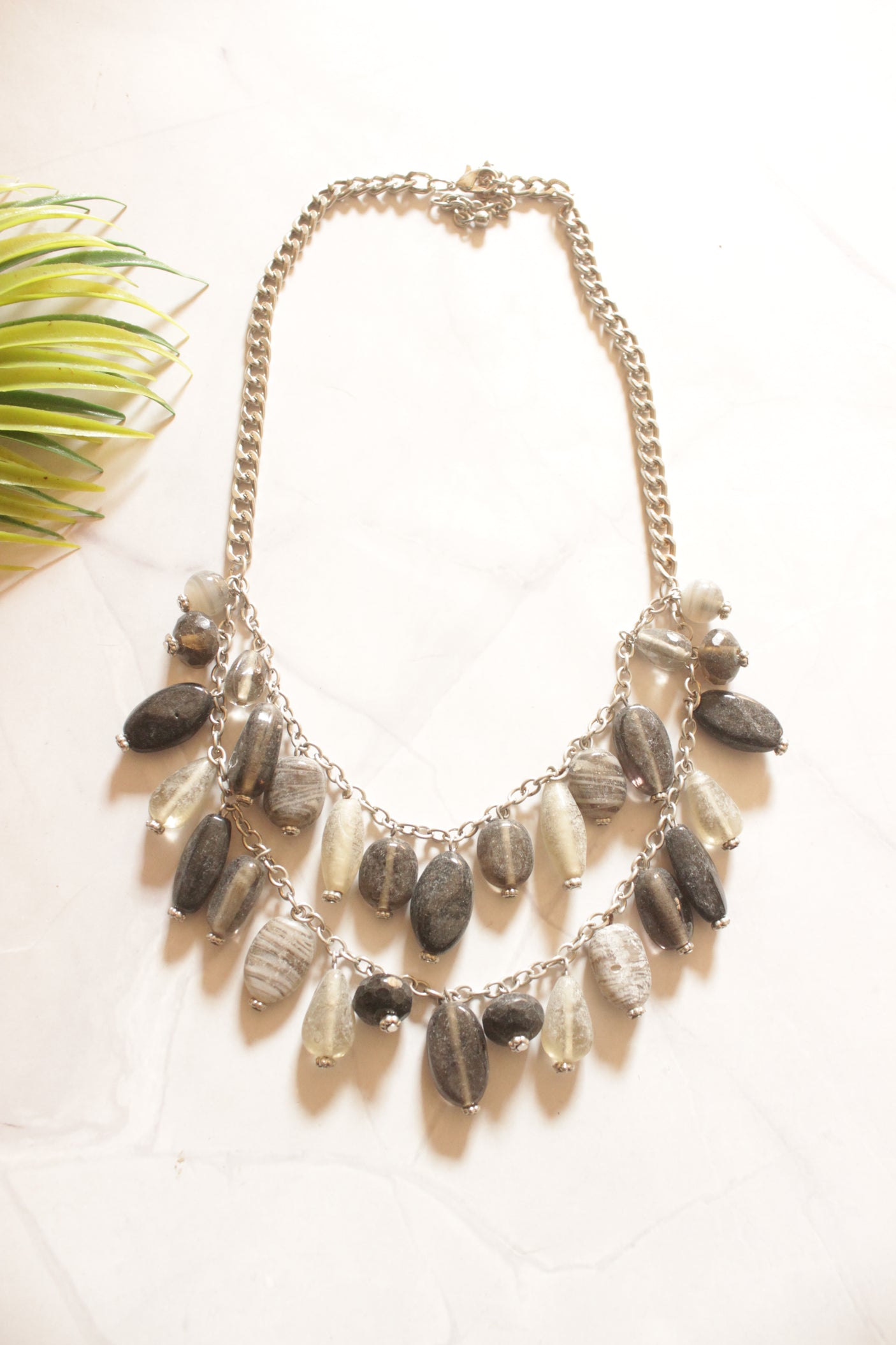 Smoky Stone Silver Chain Layered Boho Necklace