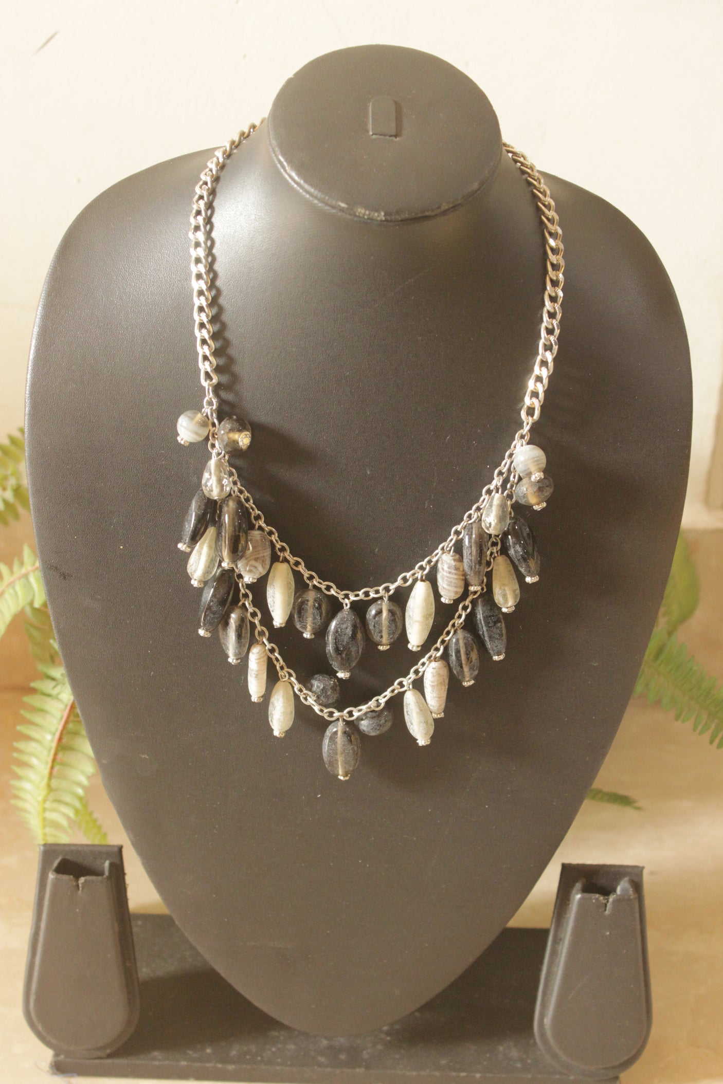 Smoky Stone Silver Chain Layered Boho Necklace
