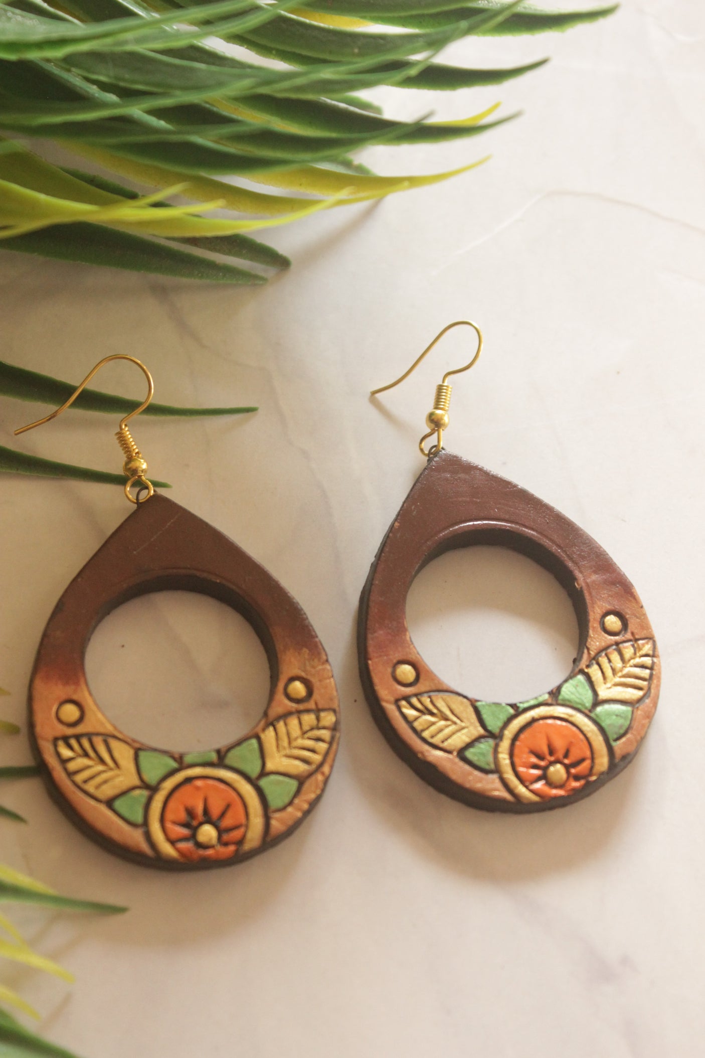 Hand Painted Terracotta Clay Tear Drop Earrings
