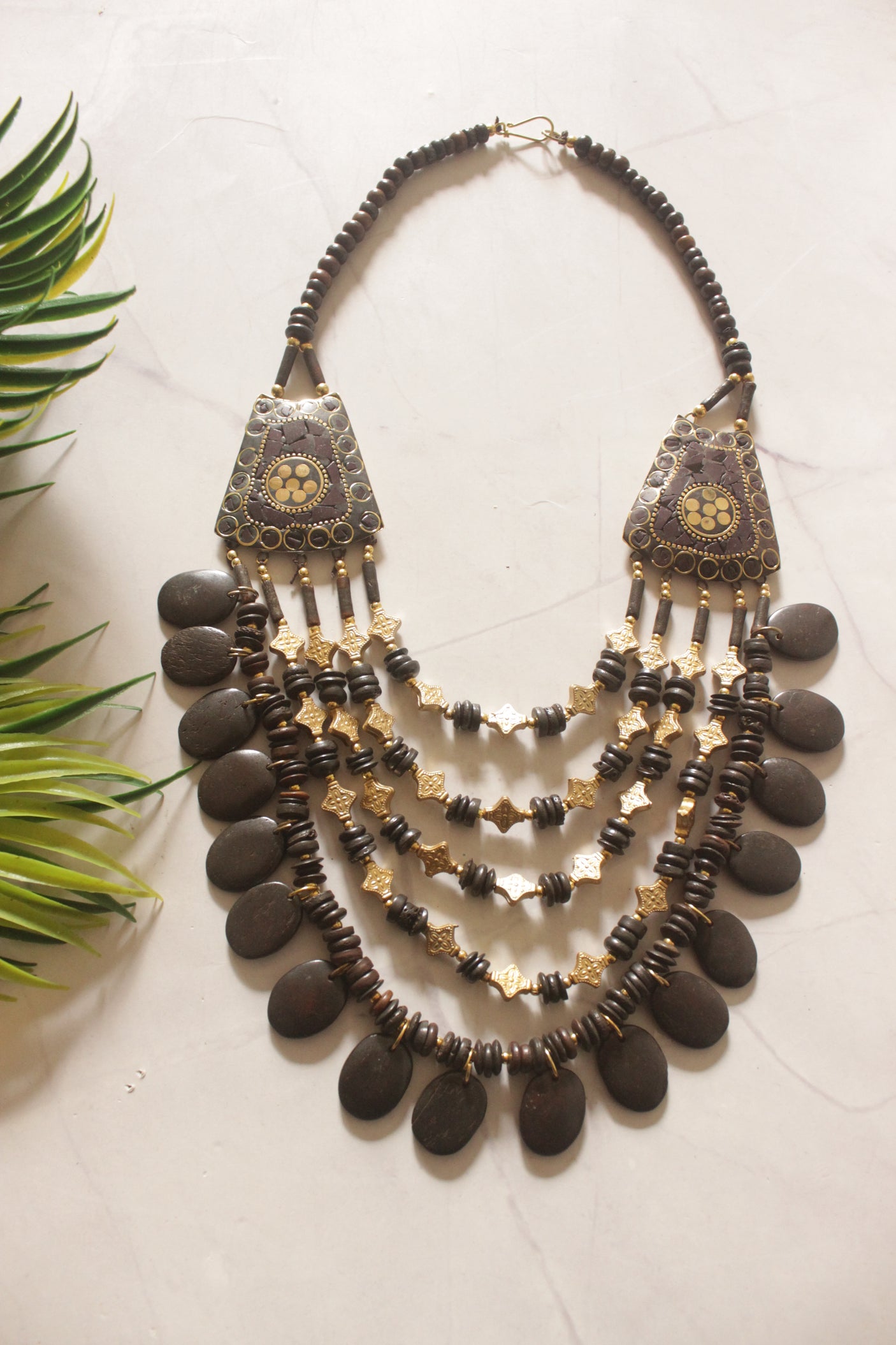 Brown and Gold Bone Beads Handcrafted Multi-Layer African Tribal Necklace