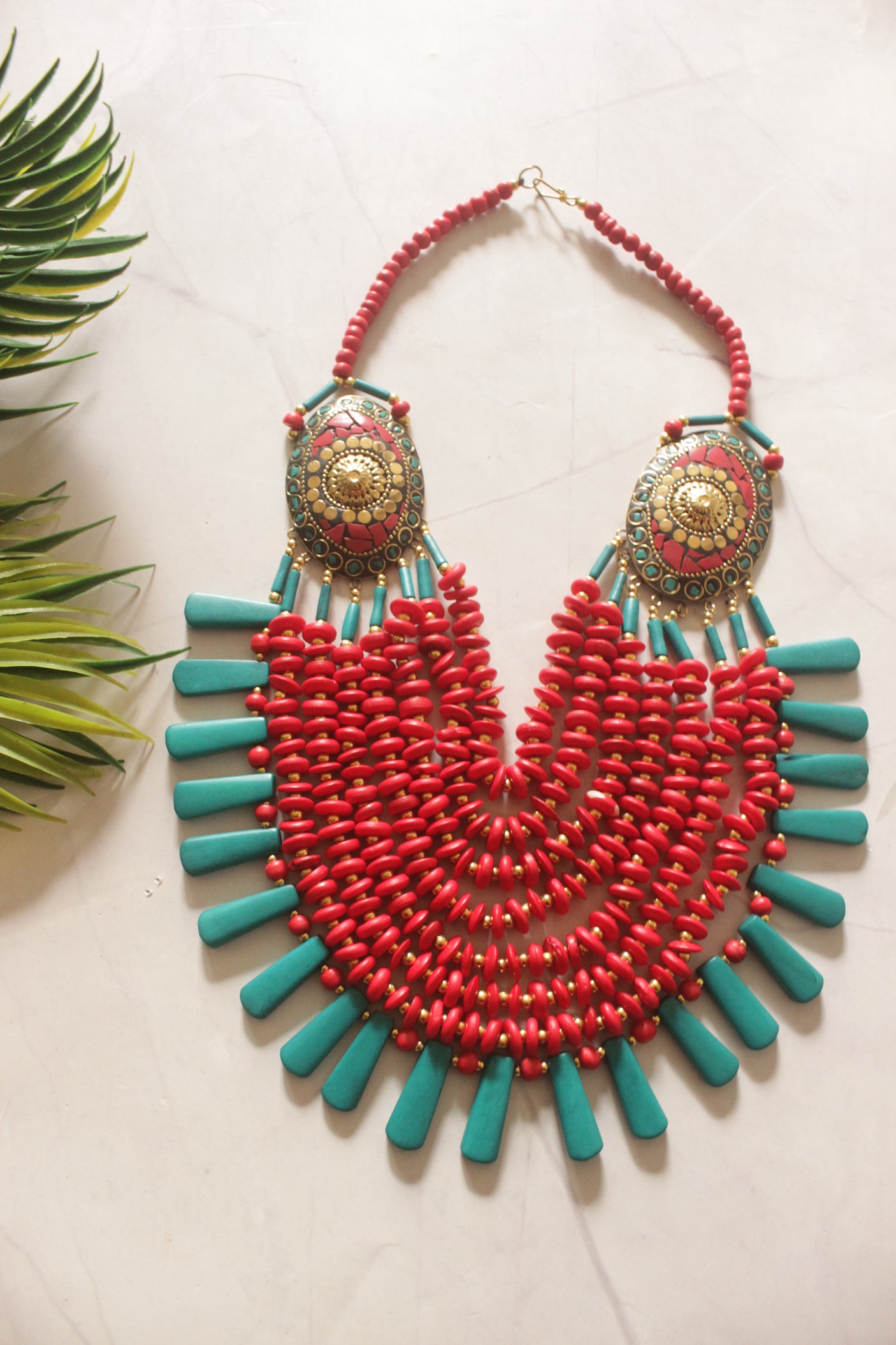 Red and Turquoise Bone Beads Handcrafted Multi-Layer African Tribal Necklace