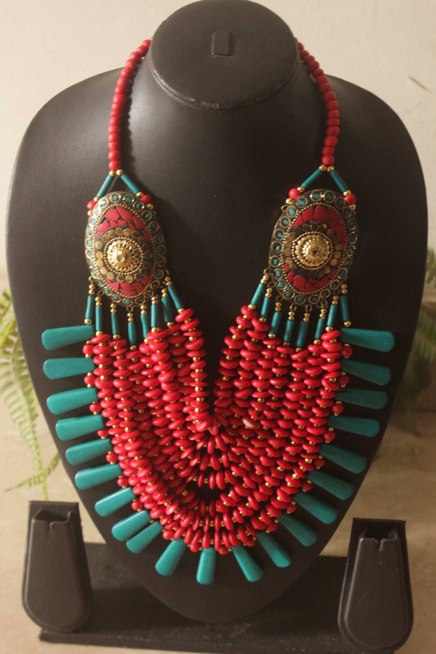 Red and Turquoise Bone Beads Handcrafted Multi-Layer African Tribal Necklace